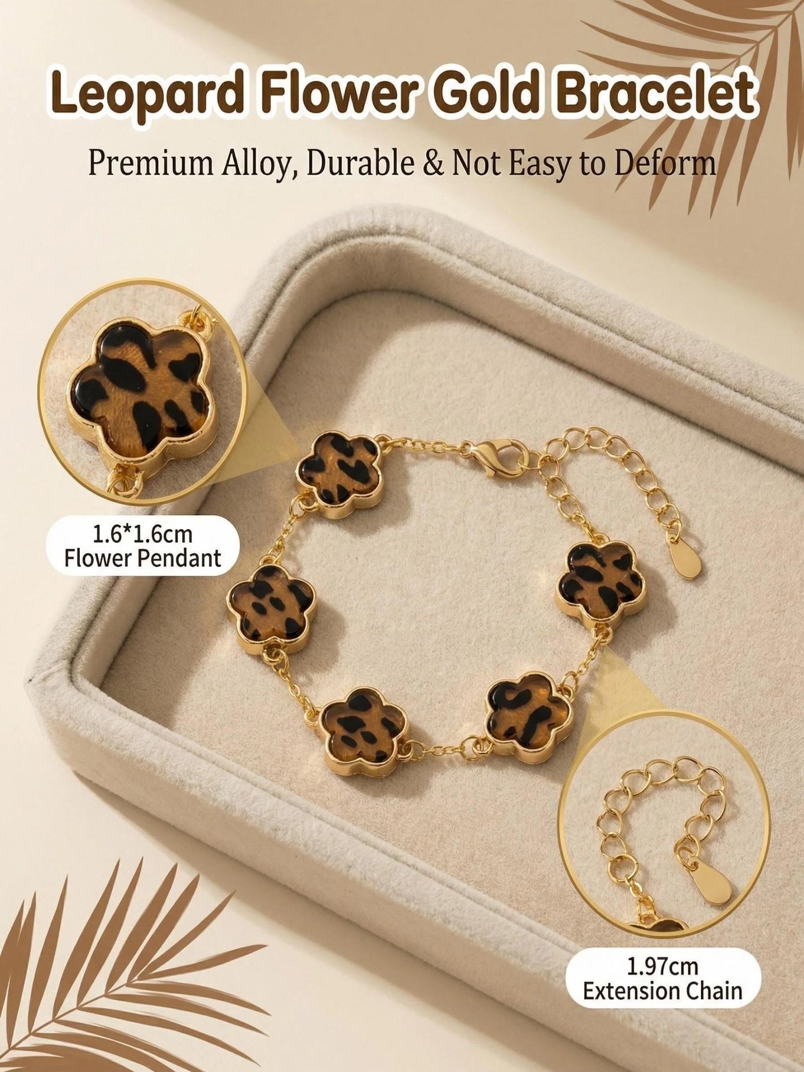 Boho Style Leopard Print and Clover Bracelet, Fashionable Daily Wear Accessory, Classic Bohemian Design, Perfect for Everyday