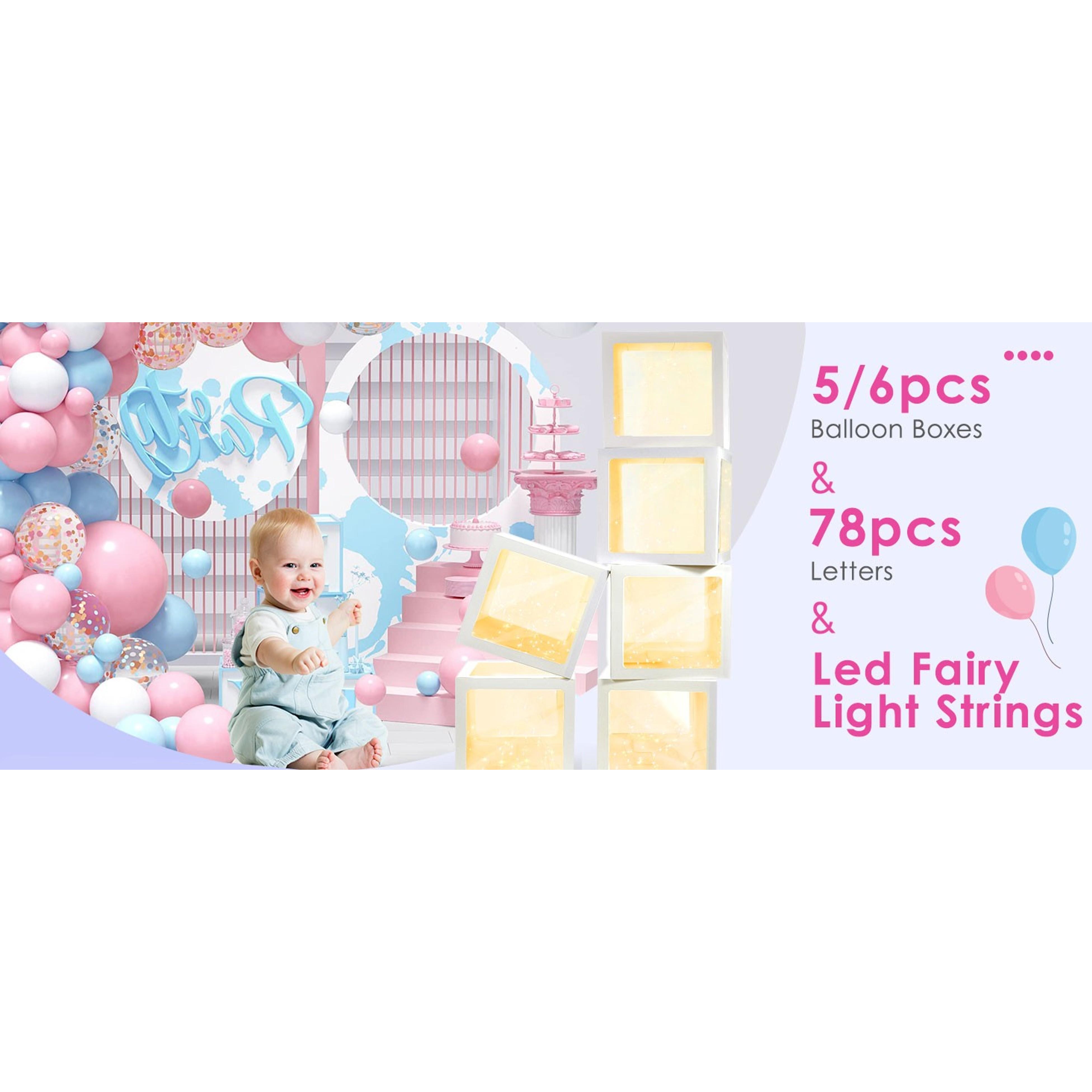 Transparent Balloon Boxes with 78 Letters Numbers Fairy Lights 6PCS - Clear White Balloon Boxes with String Lights for Baby Shower Gender Reveal Birthday Anniversary Bridal Party Decorations