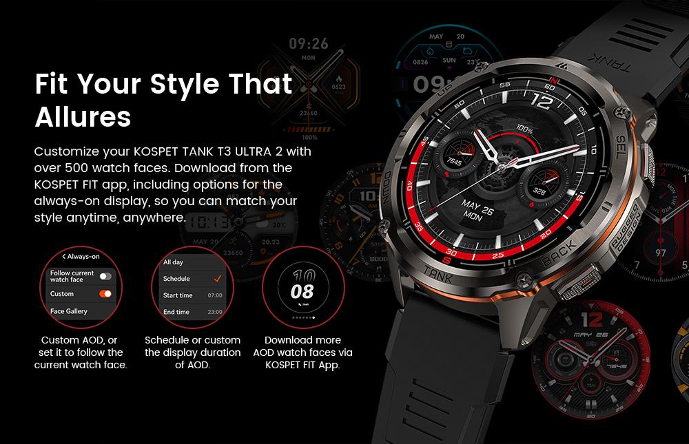 KOSPET TANK T3 Ultra 2 Smart Watch GPS Calls 50-Day Battery 1.43 AMOLED Display 5ATM Water Proof Stainless Steel Body Compatible Android iOS Men Gadgets Blood Pressure Heart Rate Tracker Magnetic Charging, New Year Pick