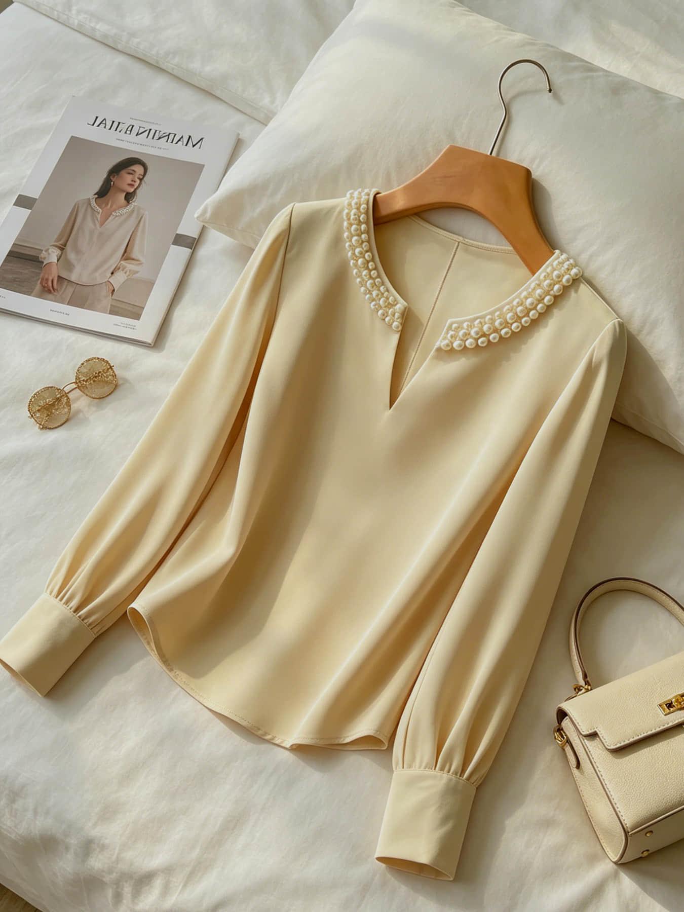 A women's pearl collar top, Blouse, with a V-neck small open neck, loose and versatile, showing off a slimming temperament. It is suitable for summer, business negotiations, customer meetings, commuting