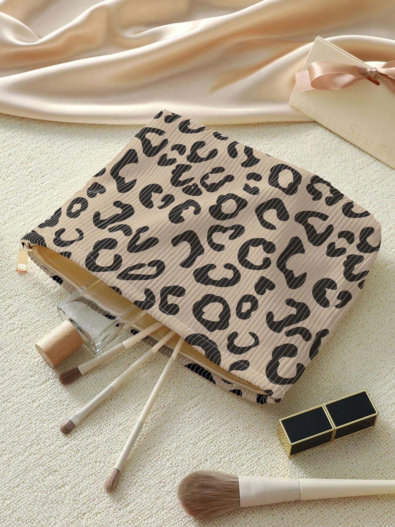 Leopard Print Corduroy Cosmetic Pouch, Lightweight Zipper Makeup Bag, Versatile Handheld Storage Bag For Daily Organizing, Weekend Travel And Outdoor Essentials