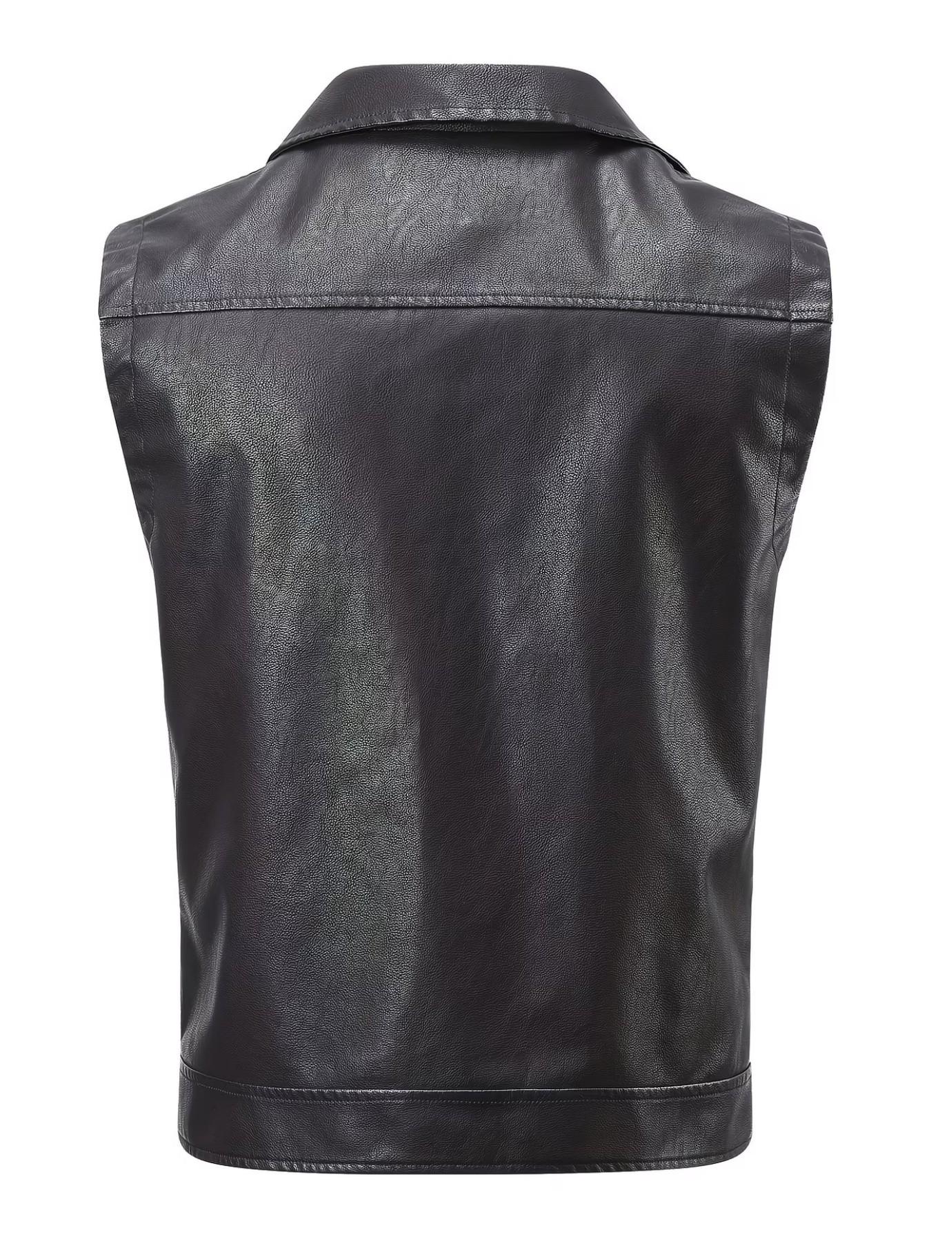 Men's Vintage PU Leather Motorcycle Vest, Lapel Design, Multiple Zip Pockets, Sleeveless Riding Jacket, Casual Outerwear