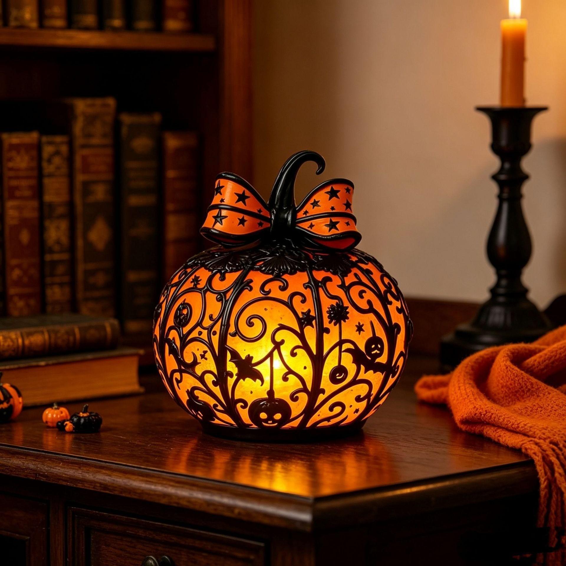 Tiffany Style Halloween Pumpkin Light-Up Decoration, Glowing Pumpkin Ornament for Halloween, Festive Pumpkin Lamp for Home Decor