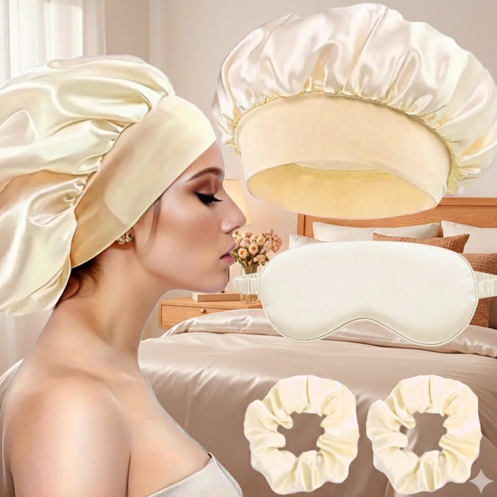 Sleep Mask and Hair Care Tool Set, Satin Sleep Cap, Soft Sleeping Eye Mask, 2 Hair Scrunchies, Alcohol-Free, Ideal for Travel & Home Use