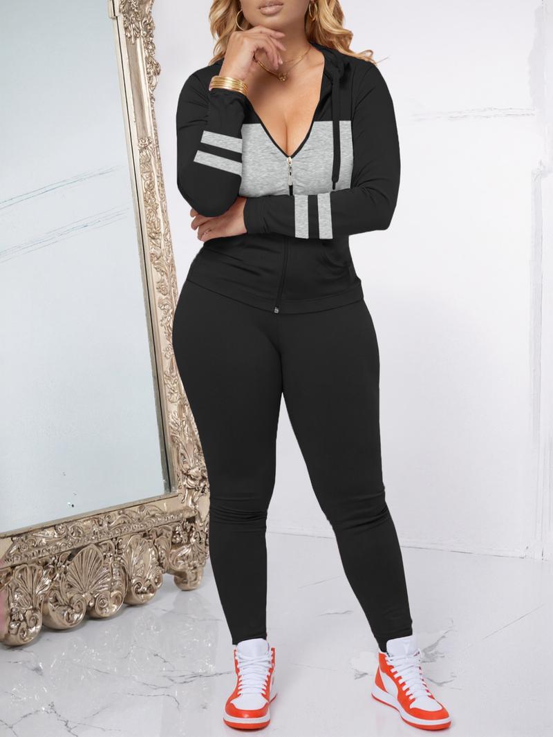 Women's Fall Zipper Hoodie and Skinny Pants Set, Casual Long Sleeve Pullover with Pocket Design, Two-Piece for Daily Wear
