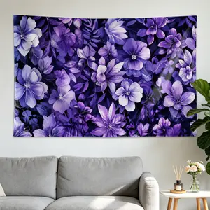 Purple Floral Botanical Art Wall tapestry, Large size Printed Horizontal Tapestry blanket, Polyester Fabric Wall Hanging for living room, bedroom, No Installation Required, Indoor, Outdoor, Gift for Family and Friends