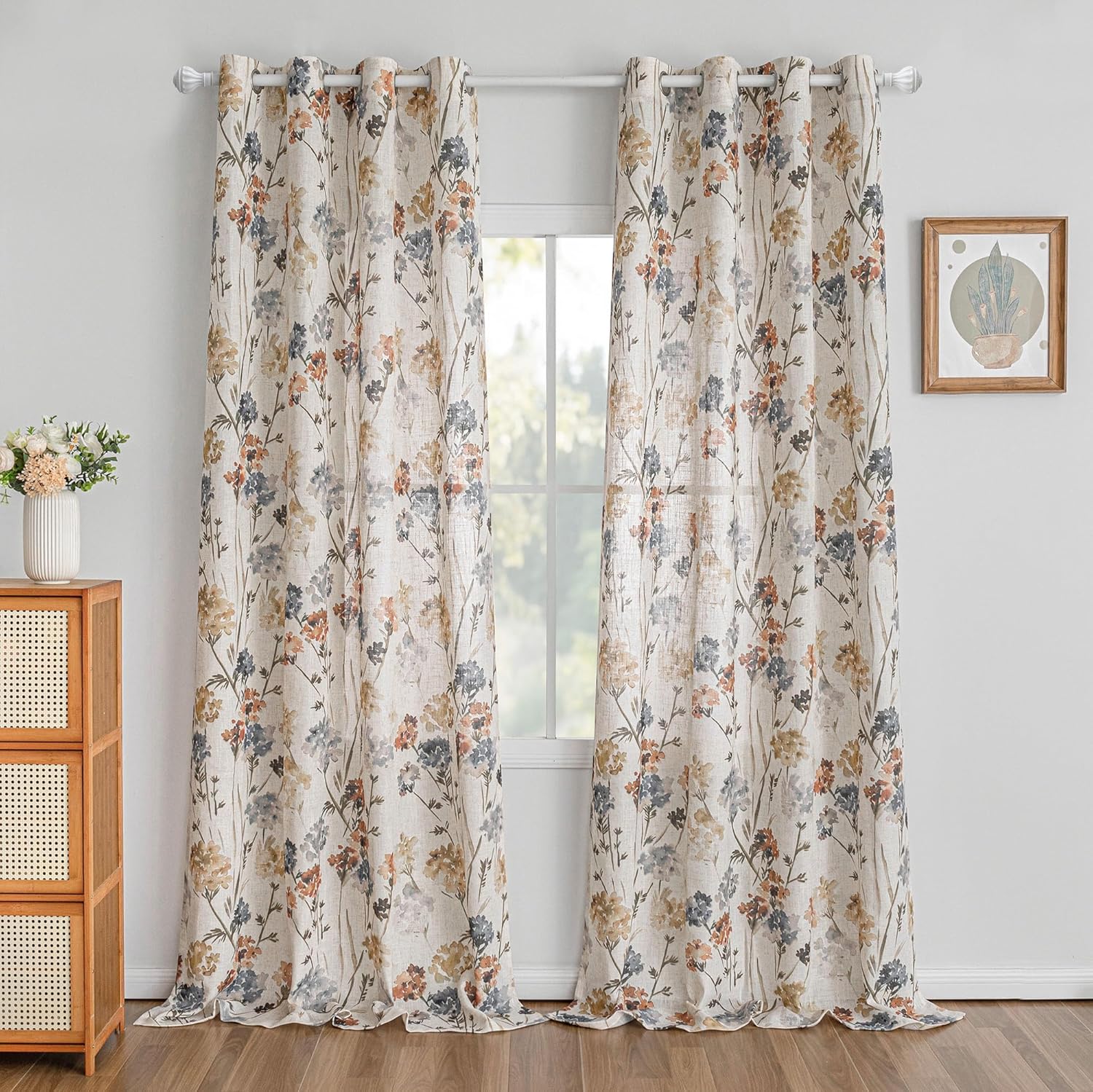 Floor to Ceiling Linen Floral Curtains 95 Inch Length 2 Panels Set Semi Sheer Light Filtering Farmhouse Flower Print Patterned Window Grommet Curtains for Living/Dining Room, Yellow, 2 Pcs