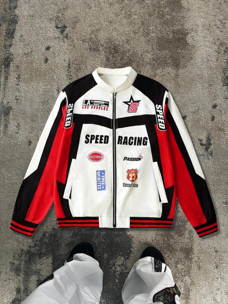 Men's Speed Racing Pattern College Style Jacket, Street Hip-Hop Coat, Fitted Long Zipper Design, Casual Outdoor Wear, All Seasons