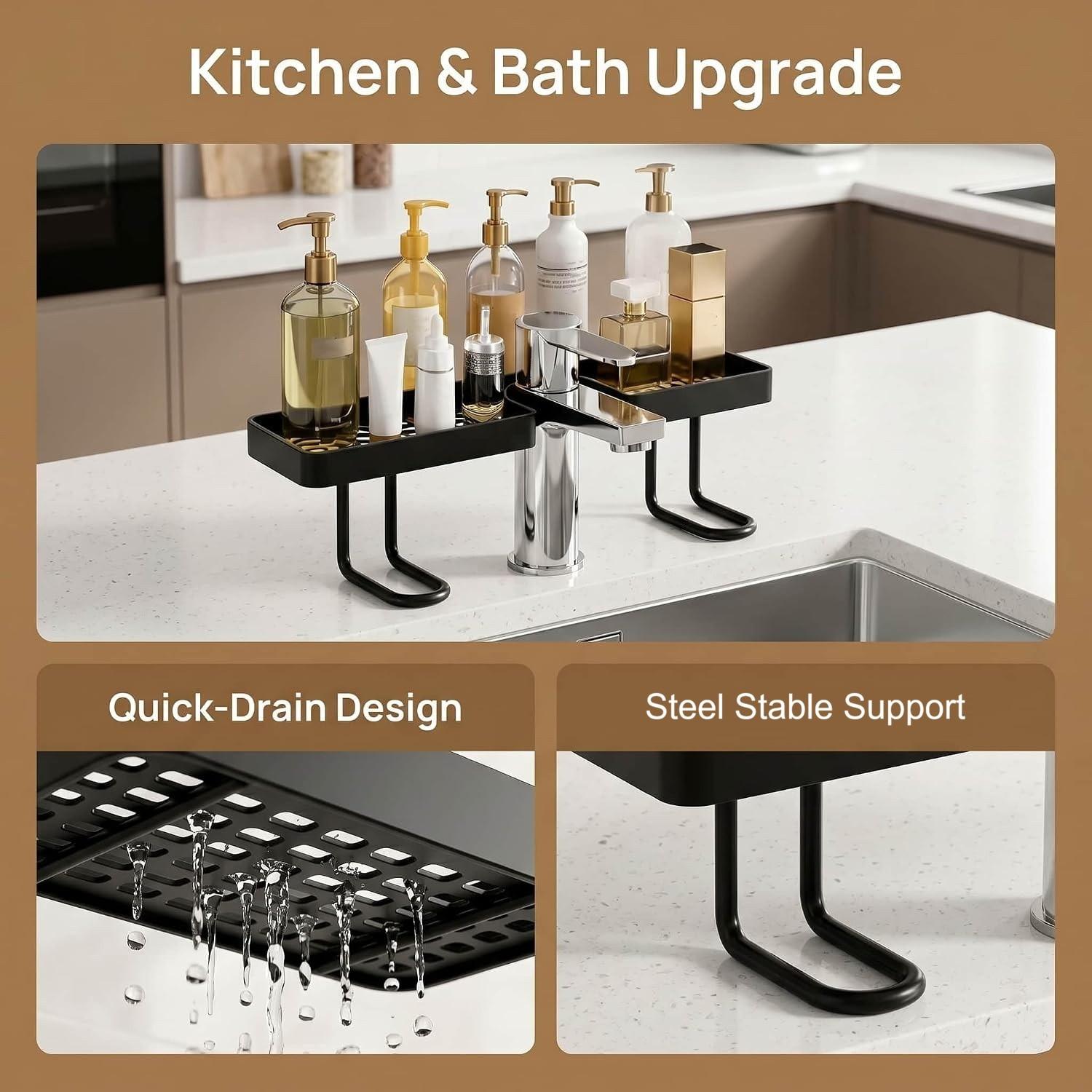 Over the Sink Shelf No Drill No Glue, Over The Sink Shelf Bathroom Organizer, No Drill Behind The Faucet Sink Organizer with U-Shaped Design, Space Saving Smart Sink Organizer Rack