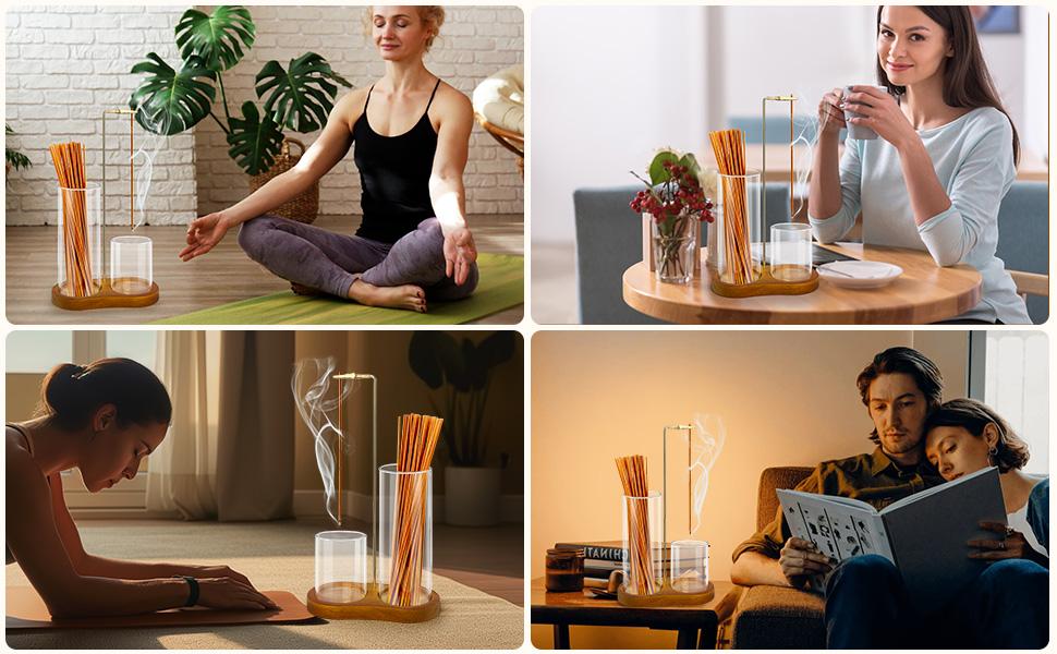 2 in 1 Incense & Candle Holder, 1 Count Wooden Base Aromatherapy Diffuser Incense Burner with Removable Glass Ash Collector, Woody Home Decor Ornament for Living Room Bedroom, Funny Gift, Scented, Aroma, Fragrance Perfume