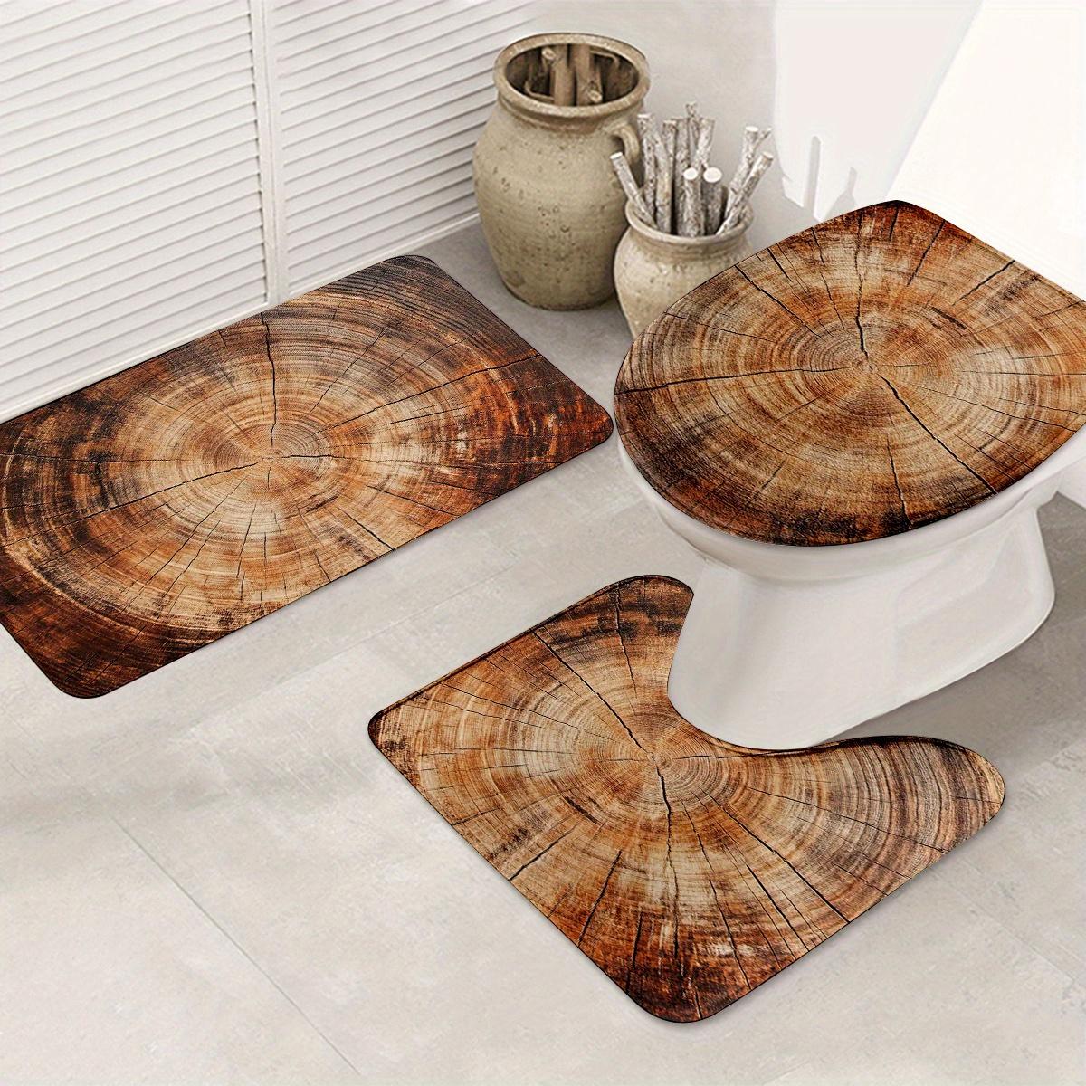 3pcs Bathroom Anti Slip Pad Set, Brown Tree Stump Annual Ring Print, Soft Flannel, Non Slip Bathroom Mat, U-Shaped Toilet Mat, Toilet Lid Mat, Bath Mat Rug, Fashionable Modern Design, Versatile Home Decor, Bathroom Decor/Accessories