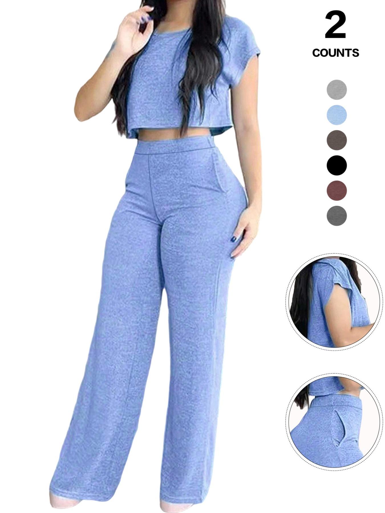 Women's Casual Elegant Solid-Color Suit Set, Short Top & High-Waisted Pants with Pockets, Comfortable Sporty Two-Piece