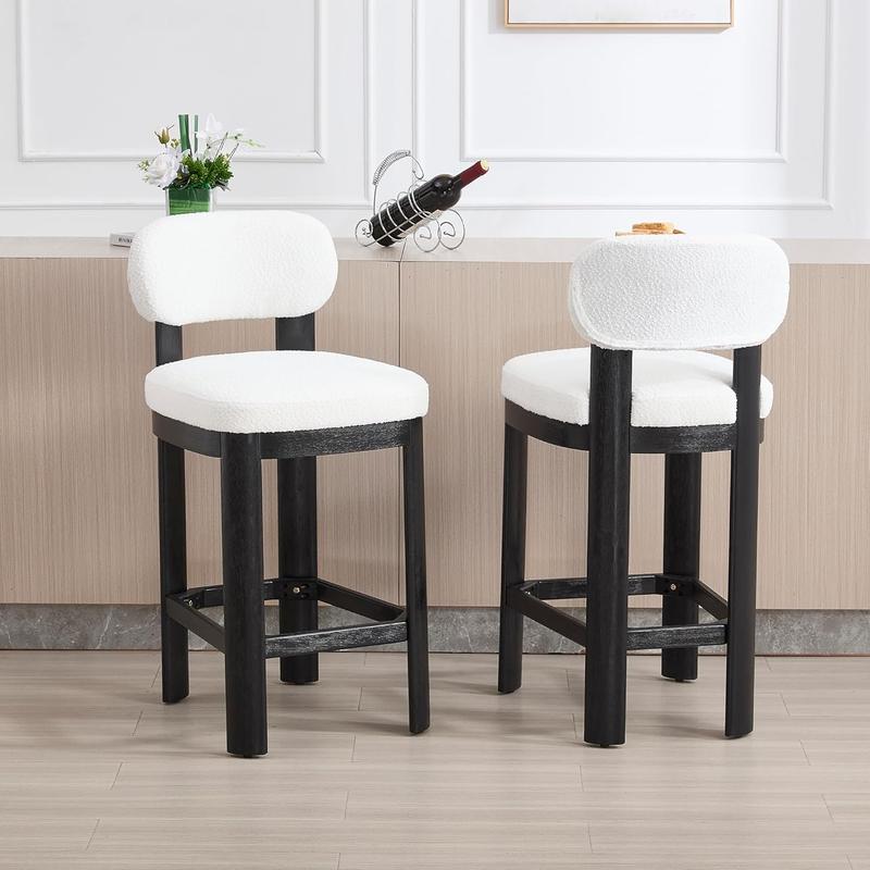Mid Century Modern Bar Stools Set of 2 – Teddy Fabric Upholstered Chairs with Back, Counter Height, White Fabric & Brown Legs for Kitchen/Dining