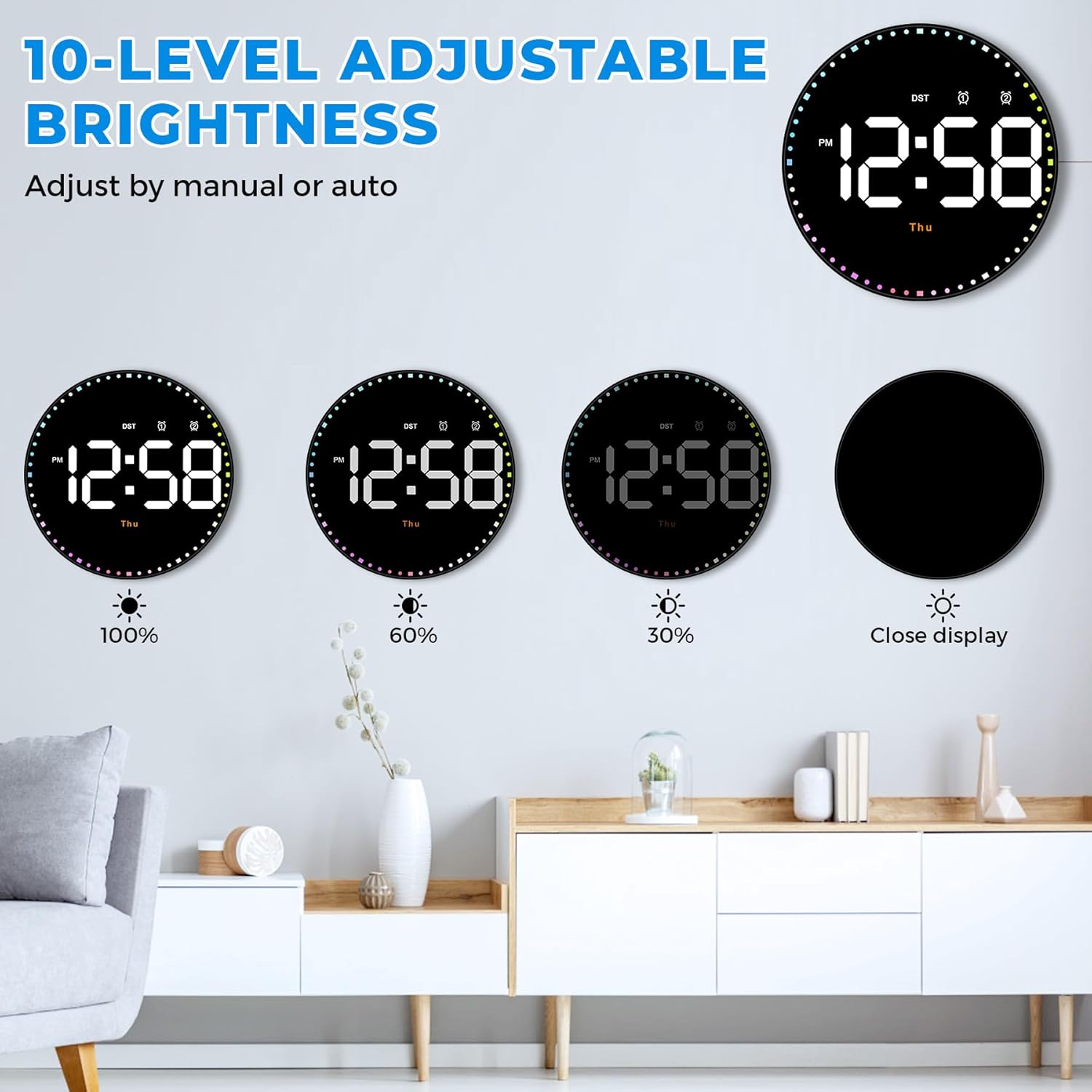 Digital wall clock, 10-inch large-screen digital clock, with remote control, adjustable brightness, calendar and temperature display, 12/24-hour format, suitable for living rooms, offices, bedrooms, and elderly users, Led Digital Clock