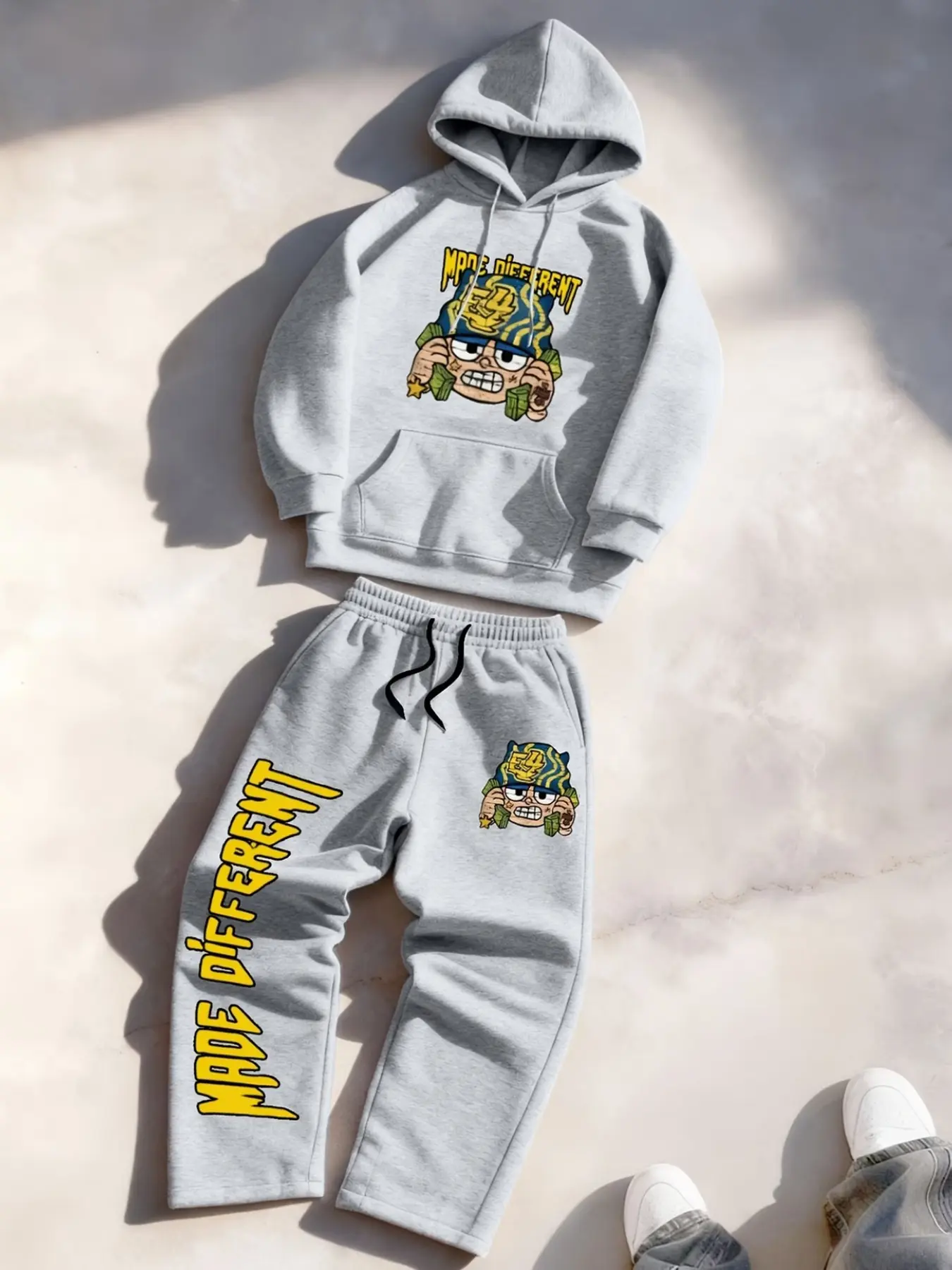 Men's American Streetwear Matching Sweatshirt Set, Fall Winter 2-Piece, Cartoon Print Hoodie & Straight Leg Pants, Creative Graffiti Design