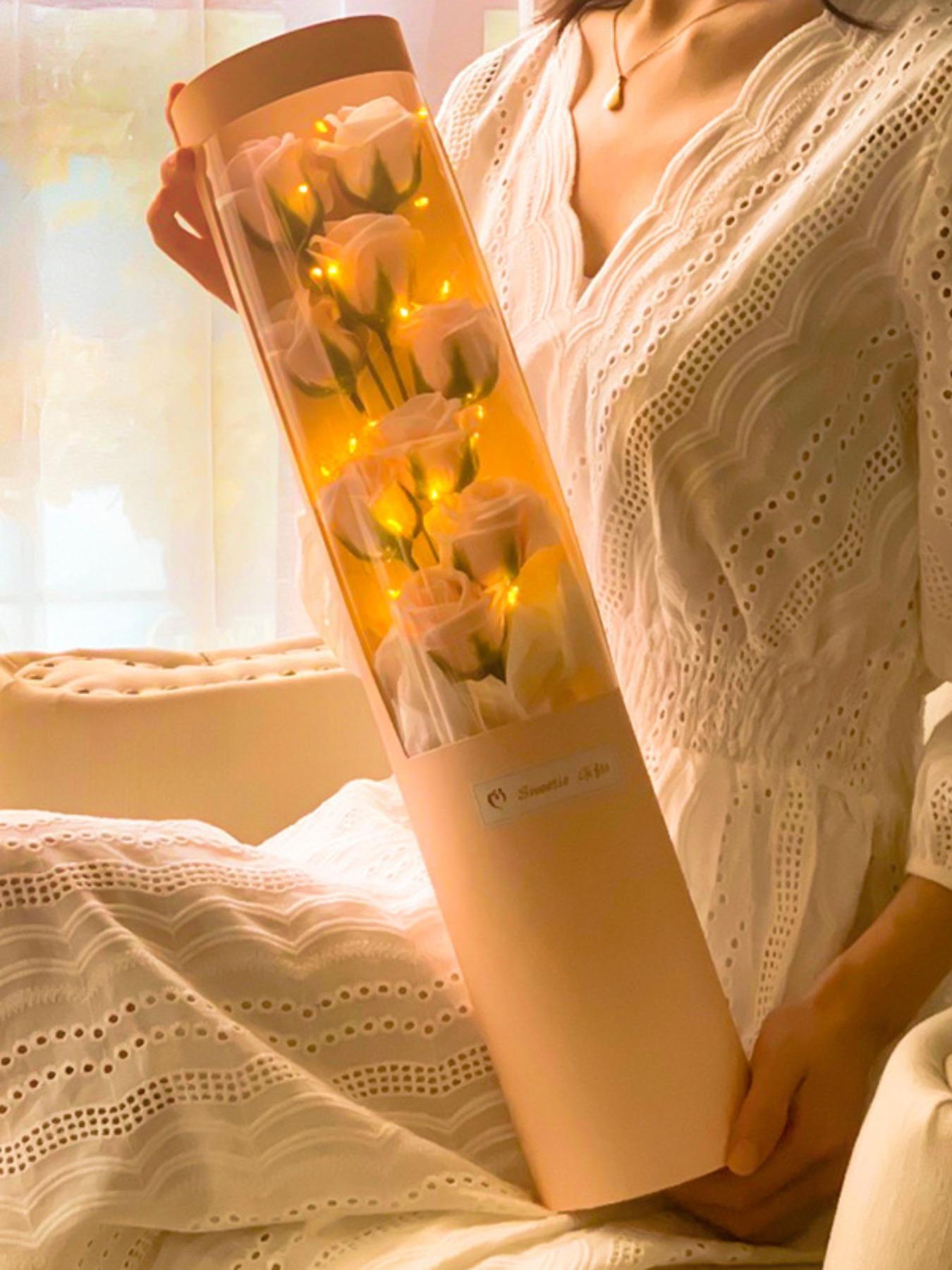 Valentine's Day Custom Rose Bouquet Hug Bucket, Realistic Artificial Flowers, Star Lights, Anniversary Romantic Gift, Wedding Party Decor