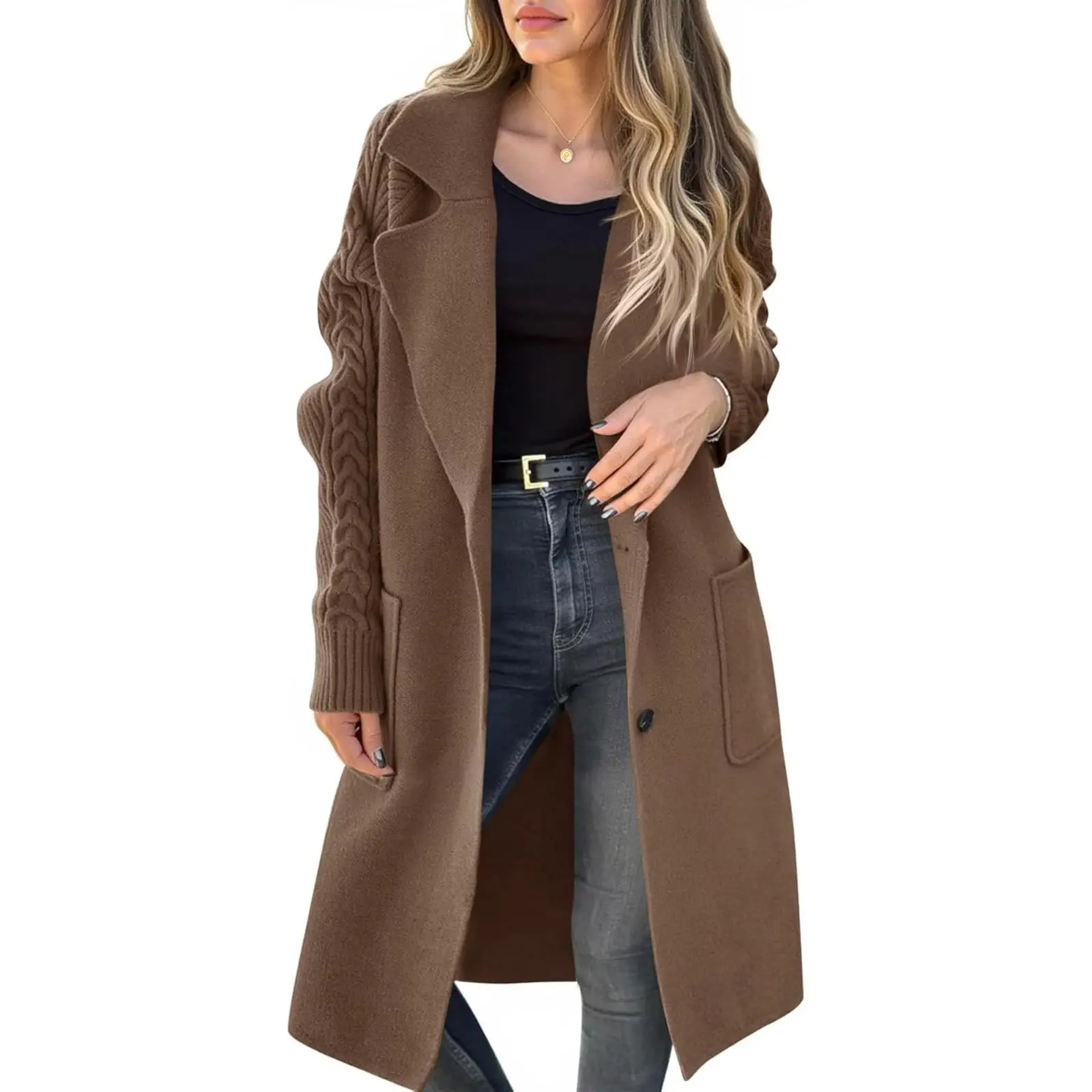 Aoysky Women's Classic Cozy Fashion Vintage Baggy Knit Cardigan - Longsleeves Open Front Lapel Collar V-Neck Top with Buttons, Pockets, Patchwork Polyester Casual Wear for Thanksgiving, Valentines Day