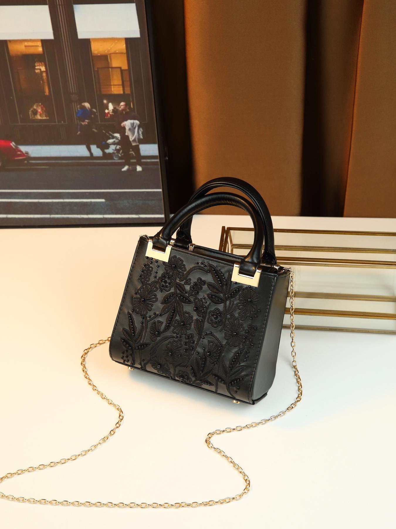 Heavy-duty beaded floral design embroidered small square bag, elegant versatile date shoulder crossbody bag
