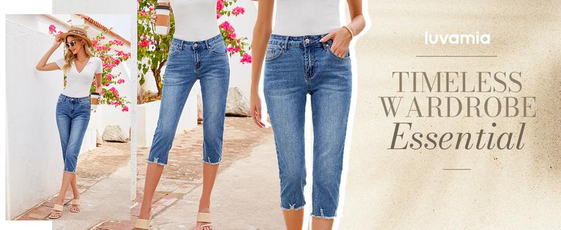 luvamia Jean Capri Pants for Women High Waisted Ripped Skinny Jeans Stretchy Denim Capris Cropped Jeggings with Pockets Slim Trouser