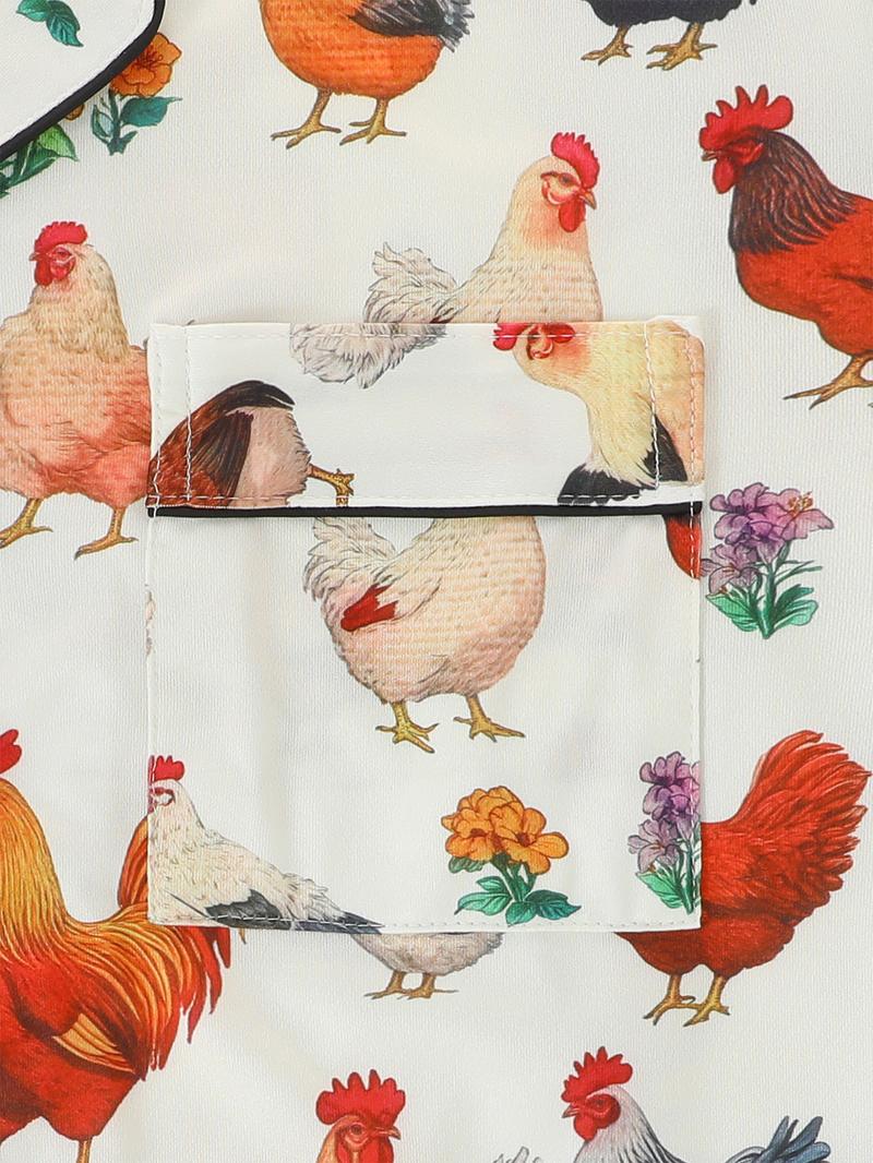 Women's Chicken Print Pajama Set, Loungewear, Casual Long Sleeve Button-Up Top & Comfortable Pants, All-Season Home Wear, 2-Piece Sleepwear