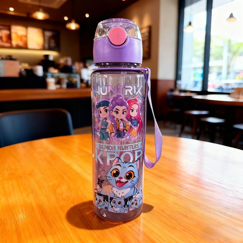 K-Pop Ghost Hunter-Themed Totem Water Bottle with Lid and Straw, 700ML Reusable Hard Plastic Eco-Friendly Bottle, Perfect for School, Travel and Halloween Parties