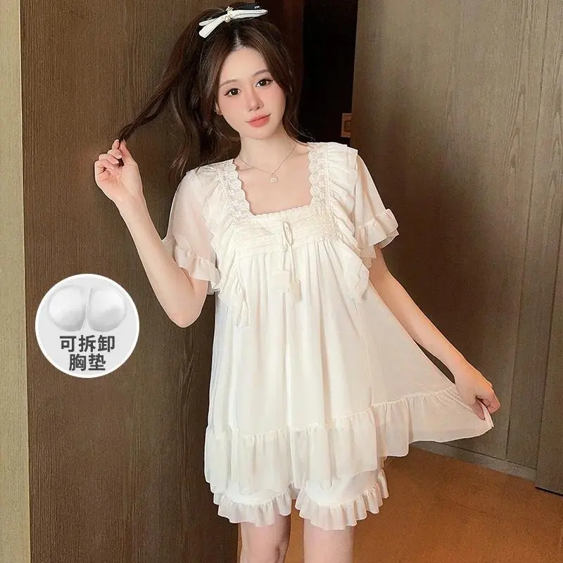 Summer Court Gauze Princess Pajama Set Women Korean Sleepwear with Bra Pads Loose Short Sleeve Shorts 2pcs Nighty Outdoor Wear