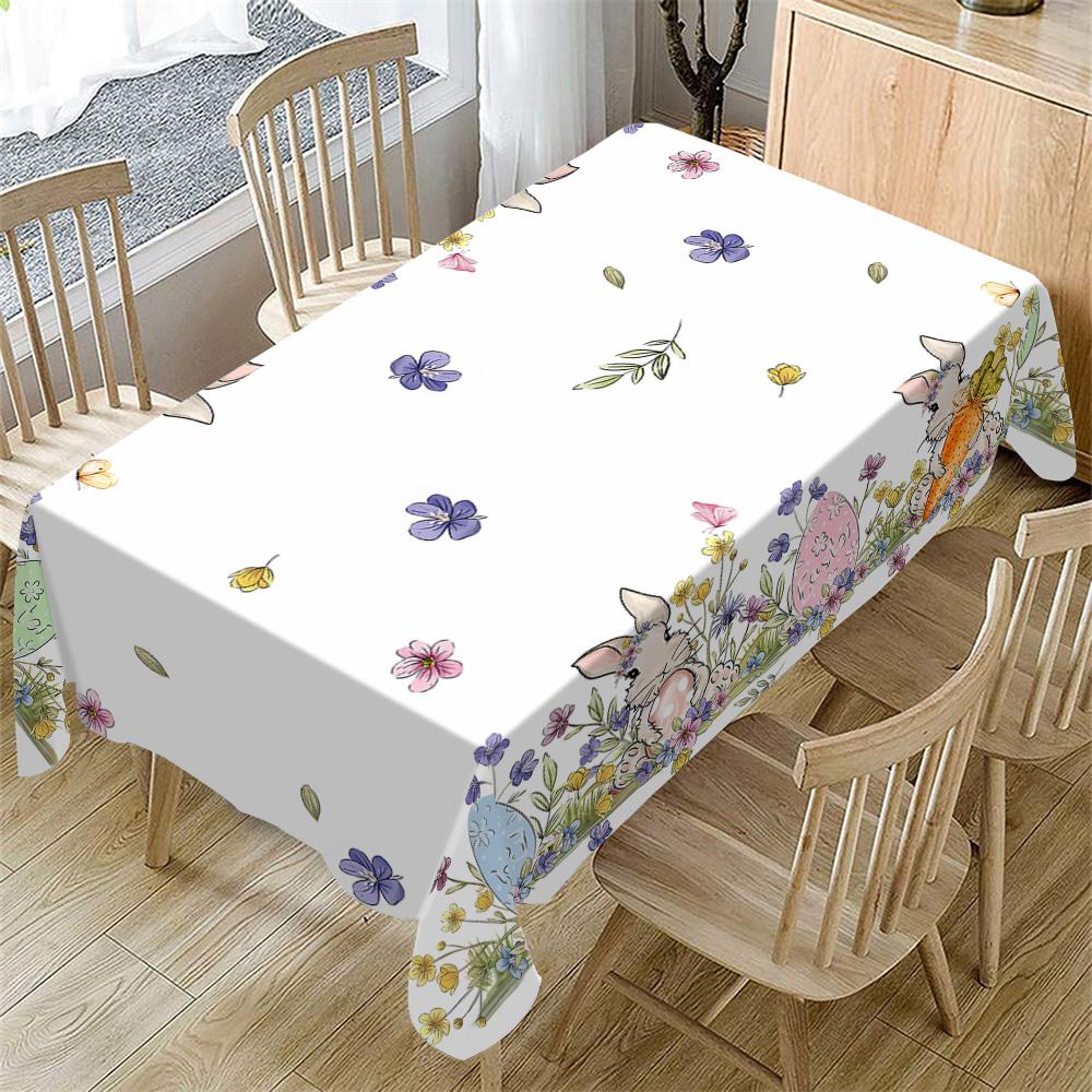 Rectangular Easter Tablecloth, Cartoon Rabbit & Egg Design, Spring/summer Floral Pattern, Perfect for Holiday/easter Decorations