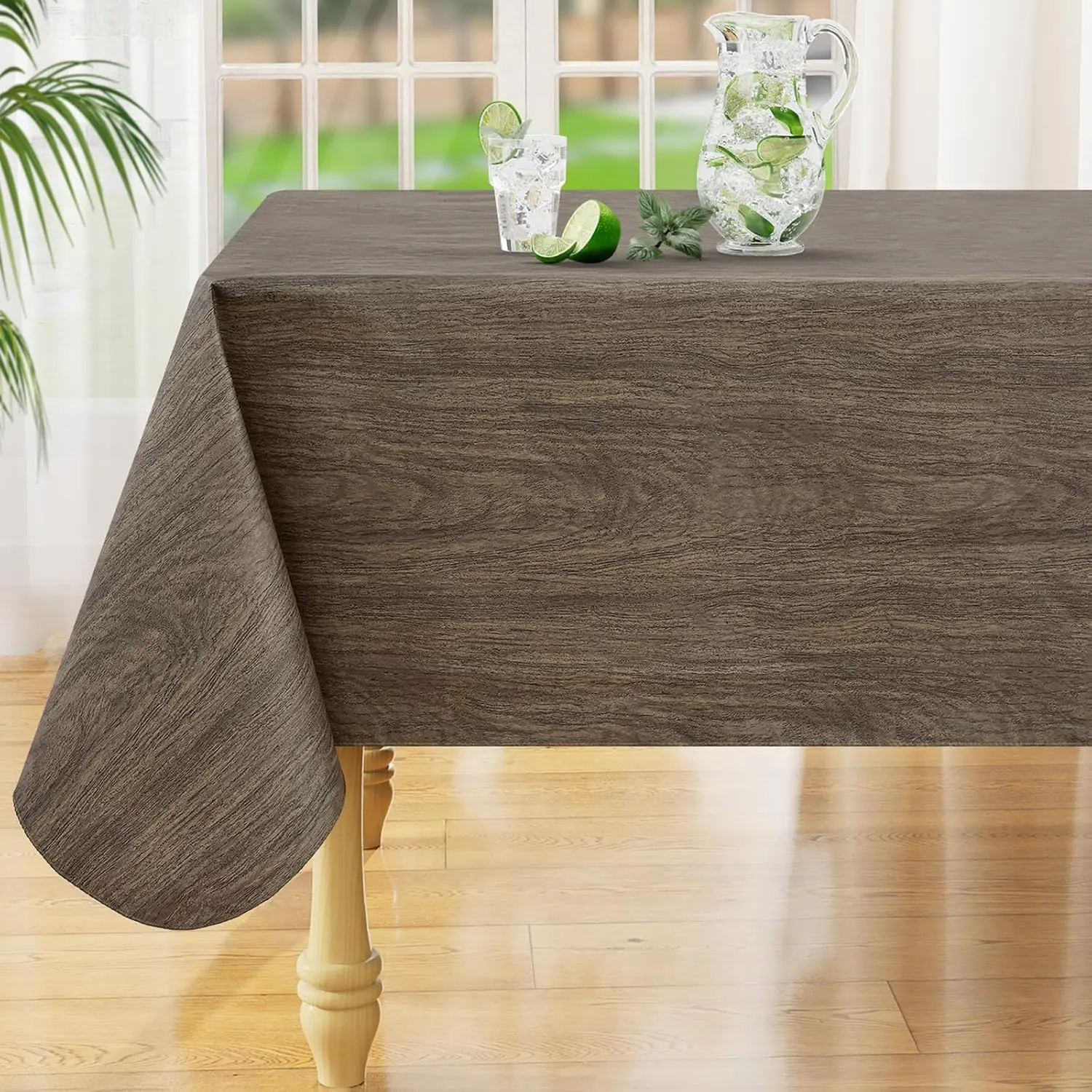 Waterproof Wipeable Square Vinyl Tablecloth, Flannel Back Wood Grain Plastic Table Cover, Indoor Outdoor Dining Table Protector, Taupe 54" x 54"