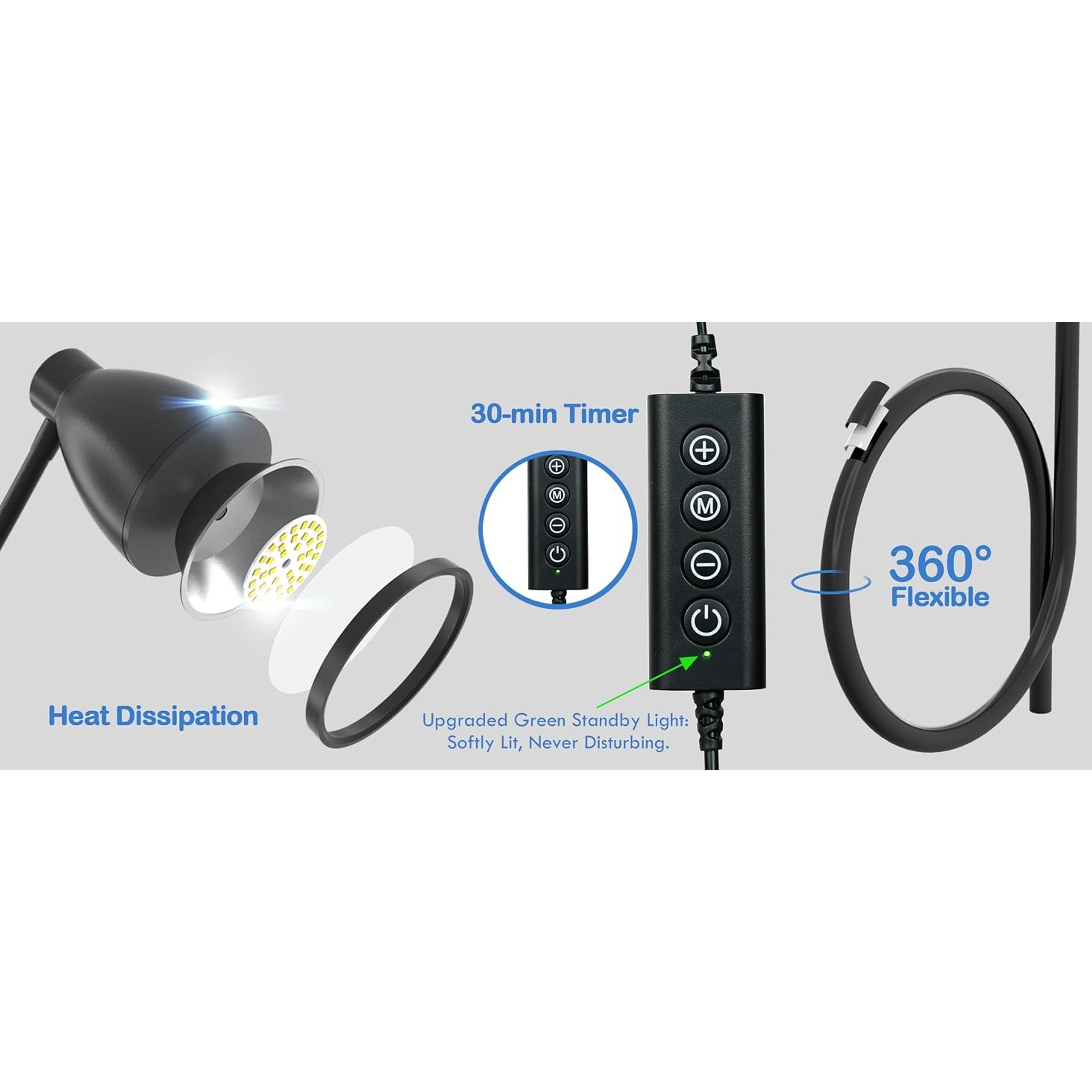 Desk Lamp 5 Color Modes 10 Brightness Dimmer Reading Light Black | 10W 38 LED Clamp Lamp with Auto Off Timer 360° Flexible Neck Clip on Light for Bed Bedside, AC Adapter Include
