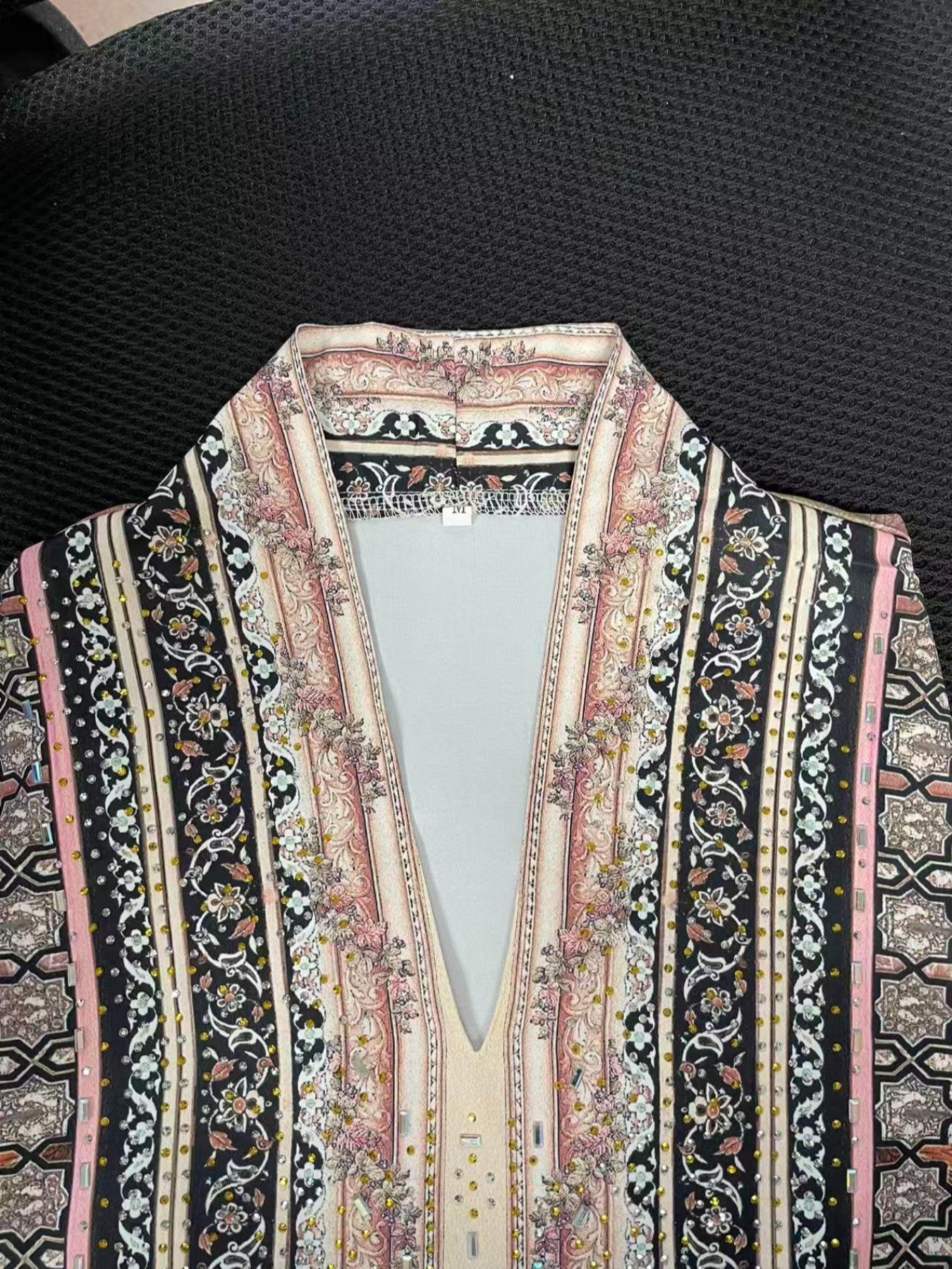 Women's Vintage Floral Print Rhinestone Long Robe, Dubai Style Kaftan Evening Dress, Ramadan Eid Abaya