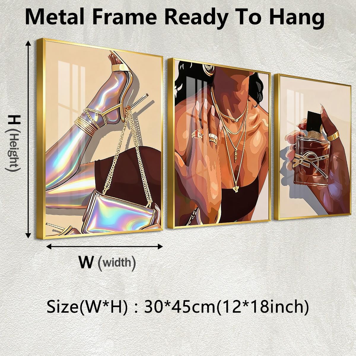3 Counts Aluminum Alloy Framed Painting, Fashion Woman With Gold Jewelry And Perfume Art Pictures, Home Decoration For Living Room, Bedroom, Office, Restaurant, Hallway Wall Decor, Odorless Print Artwork, Luxury Perfect Gift For Friends And Family