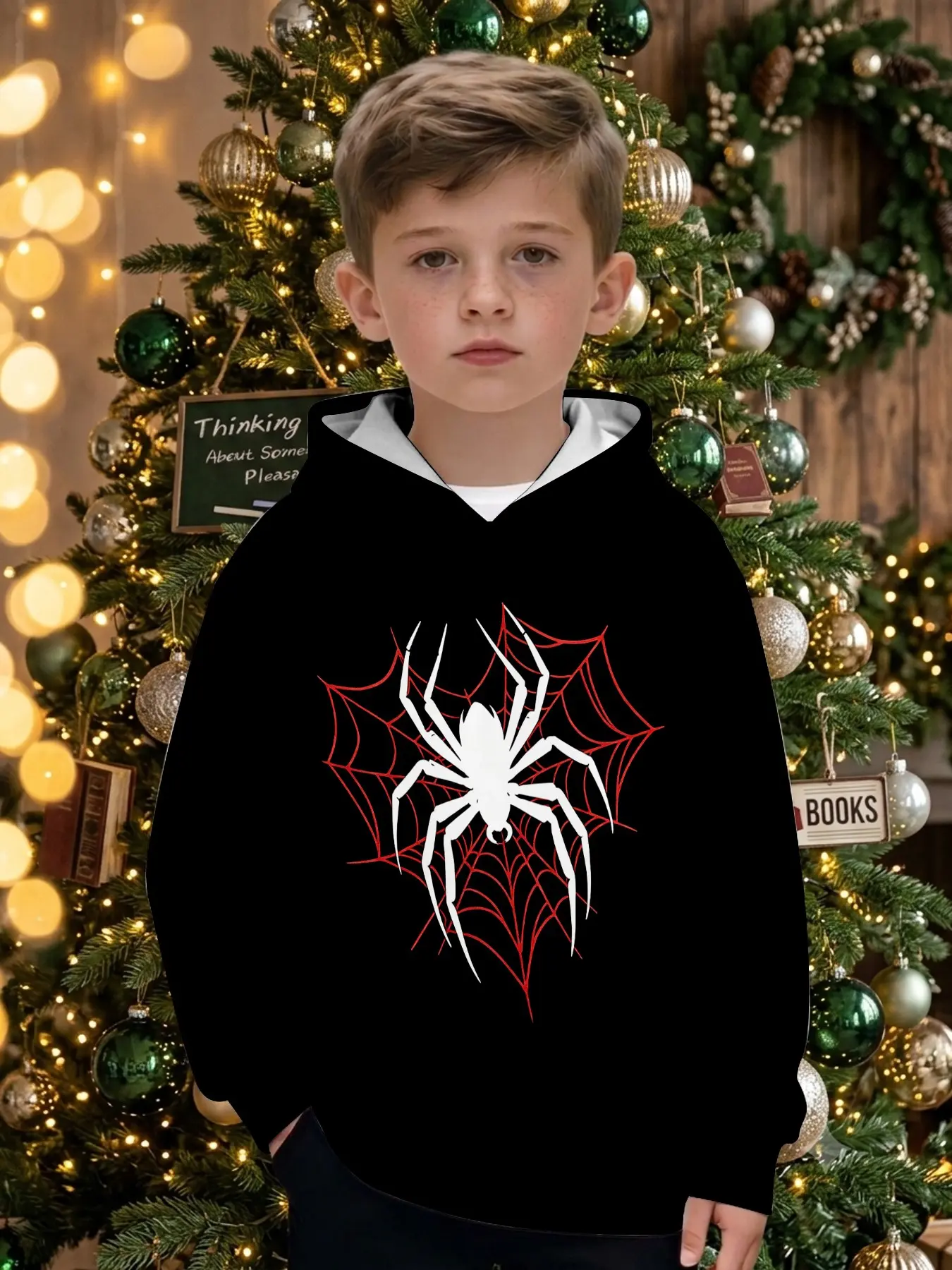 Boys' Base Spider Web Print Hoodie, Long Sleeve Casual Top, Fall & Winter Outdoor Wear, Christmas Gift for Ages 1-14