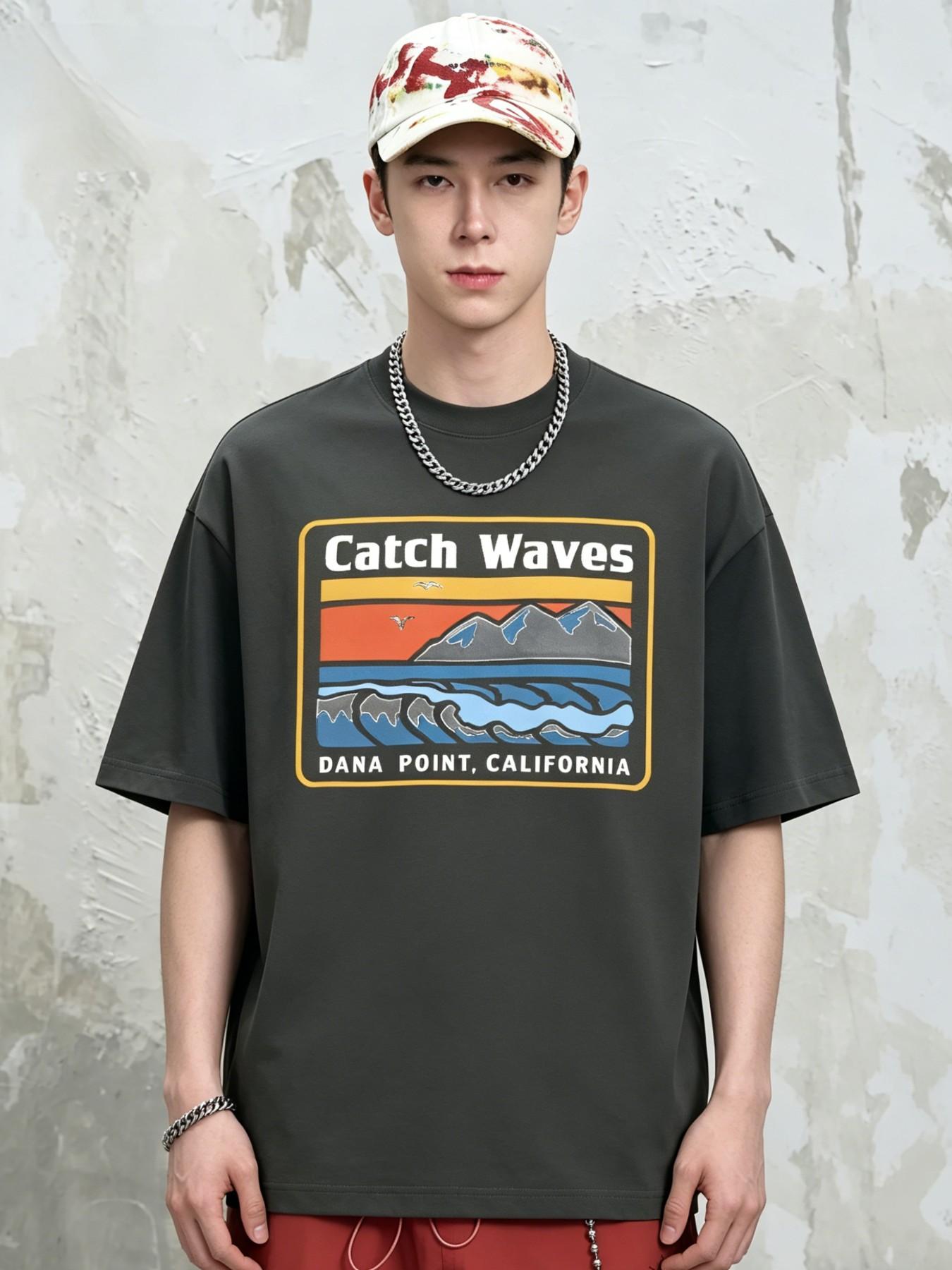 Men's Catch Waves Surfing Style Cotton T-Shirt, Loose Fit Short Sleeve Top, American Vintage Design, Long Clothing Length