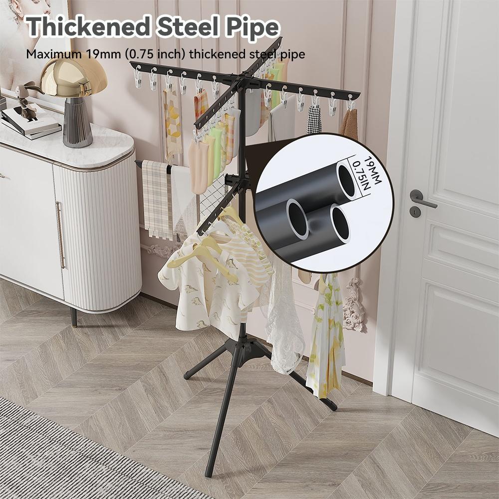 Space-Saving Foldable Tripod Clothes Drying Rack with 24 Clips, Ideal for Indoor, Poolside, RV Travel, Compact Laundry Stand, Lightweight Portability