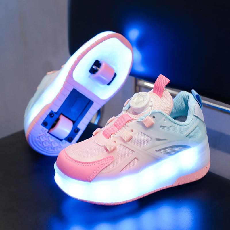 16 Color Modes USB Rechargeable LED Roller Shoes for Boys Girls, EUR 28-40 Rotary Buckle Breathable Mesh Light Up Wheels Sneakers, Kids Teens Luminous Roller Skates Shoes, Single Double Wheels Heelys for Outdoor Sports, Birthday Gifts for US EU KSA JP