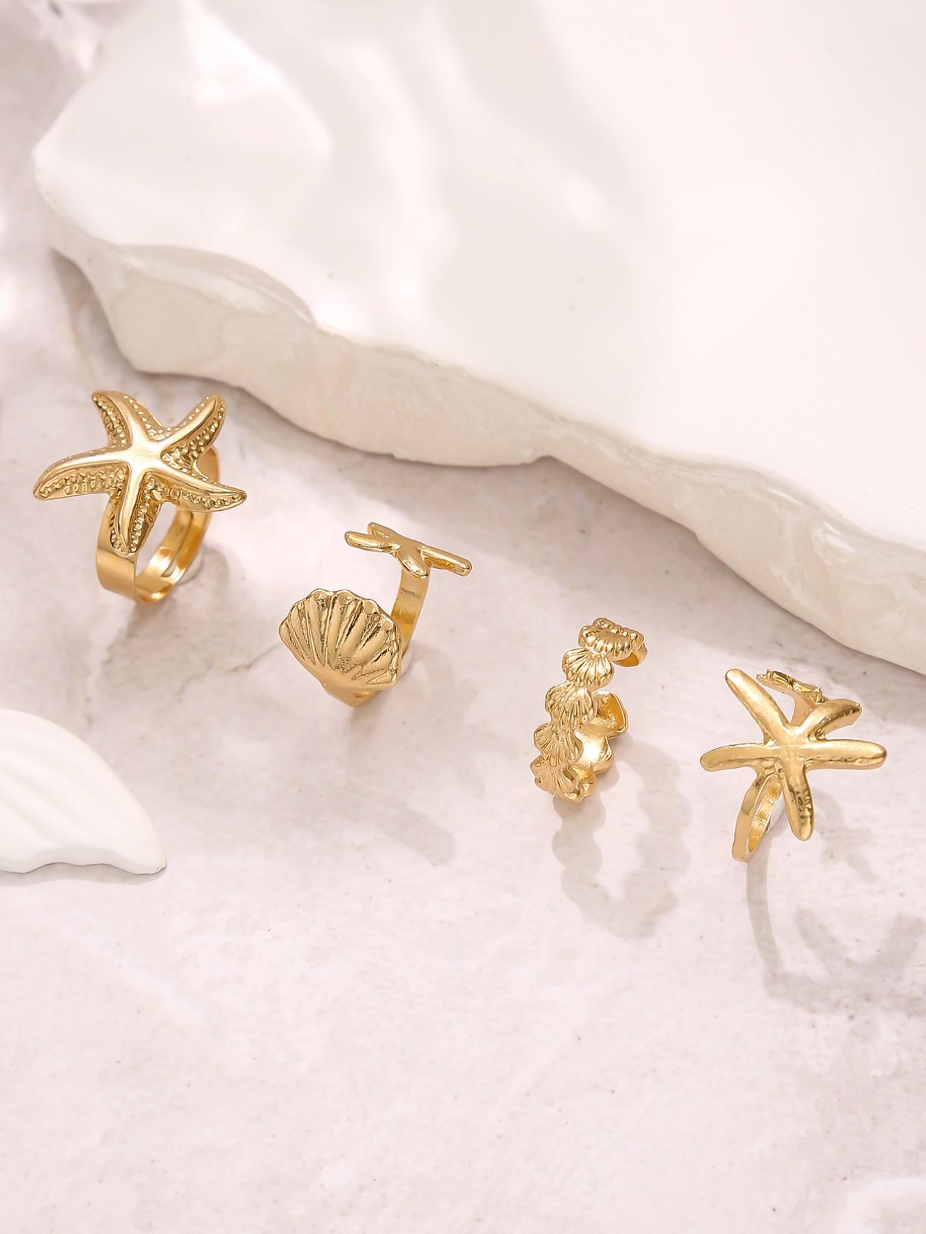 4 Piece Starfish Shell Rings Set, Elegant Sea Inspired Jewelry for Women, Perfect Gift for Beach Lovers