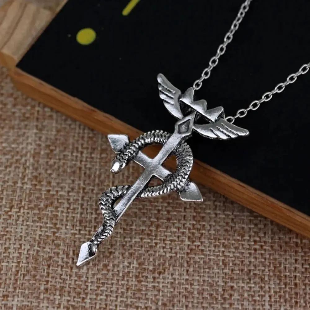 Fullmetal Alchemist Edward Elric Chain Pendant Fashion Dragon Wing With Cross Necklace Punk Style Cross Necklace Accessories