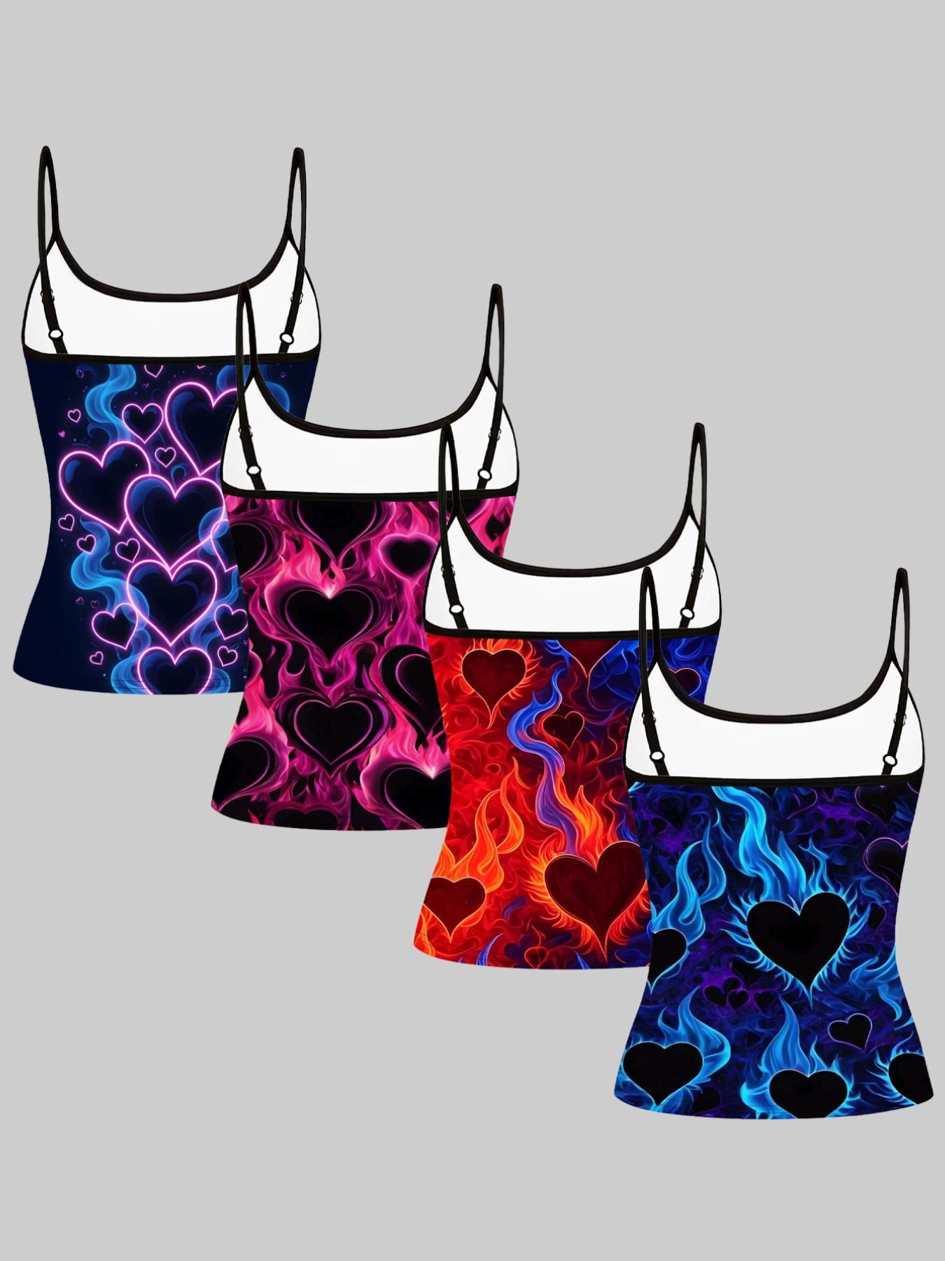 Neon Flame Heart Print Strappy Top, Summer Home Sleepwear Outerwear, Unique Slim-Fit Shirt Set of Four, Casual Style