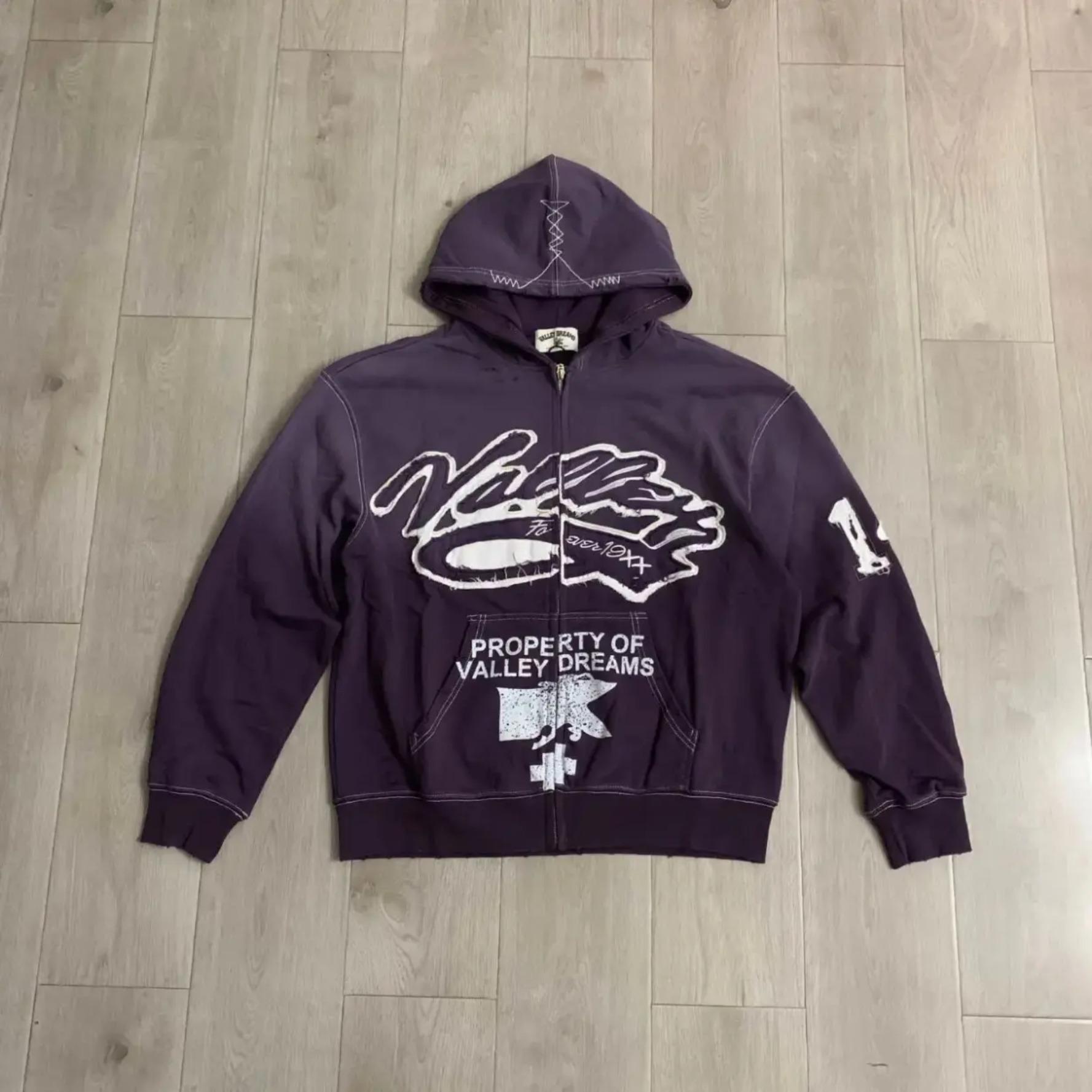 VALE VALLEY DREAMS Embroidered Patch Vintage Washed Zip Up Hoodie 380g Heavyweight 100% Cotton Loose Oversized Y2K Distressed Hooded Sweatshirt Autumn Winter Streetwear Jacket Top Unisex