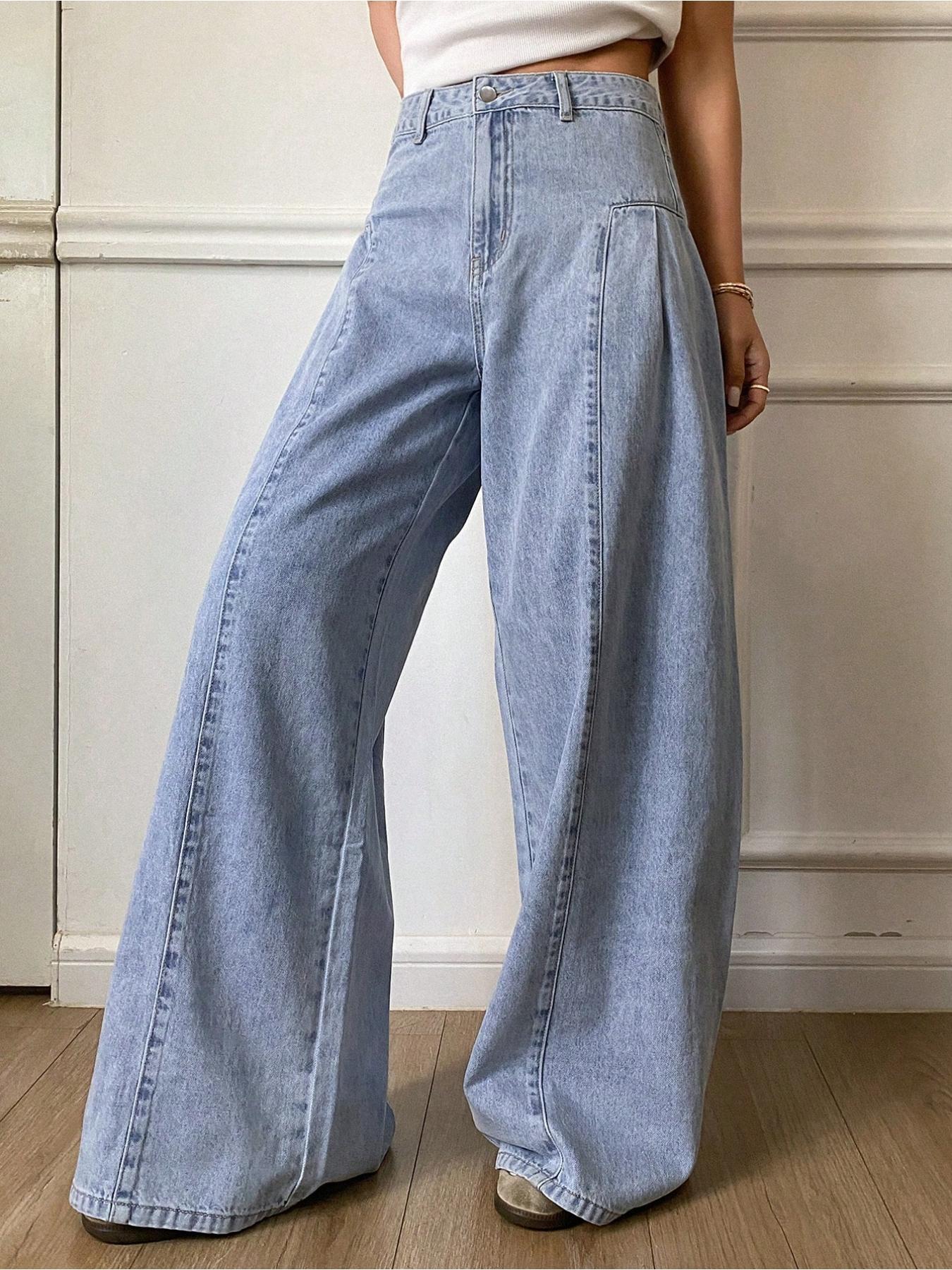 Women's Fashionable Elastic Comfortable Straight Leg Wide-Leg Woven Denim Jeans Pants, Plain Pattern, Fitted Style, All Seasons Wear, Womenswear