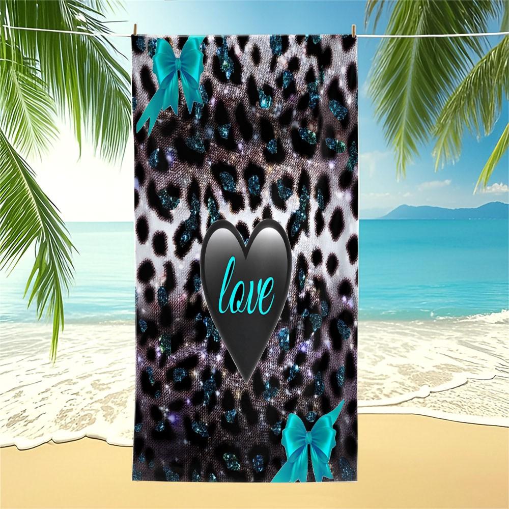 Y2K Coquette Leopard Love Beach Towel | High‑Definition Digital Print of Glitter Leopard, Teal Bows & Black Heart | Quick‑Dry Towel Towel for Pool, Beach, and Travel