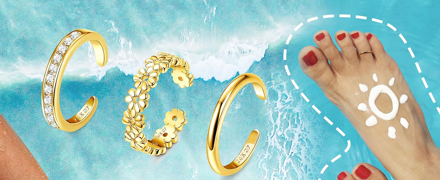 Loyallook 3Pcs Gold Filled Toe Rings for Women Adjustable Flower CZ Dainty Summer Beach Foot Jewelry Open Toe