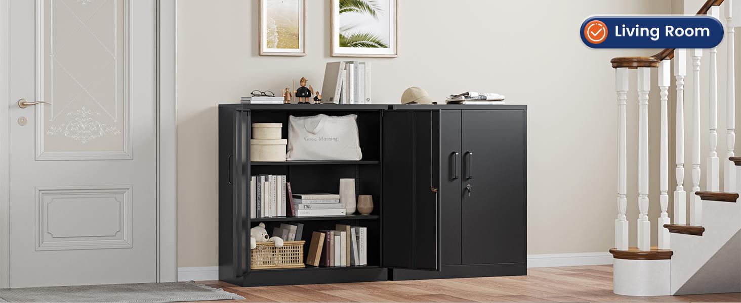 Yizosh Metal Storage Cabinet with 2 Adjustable Shelves, Steel Counter Cabinet with Lockable Doors for Home Office (Black)