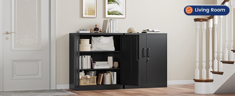 Yizosh Metal Storage Cabinet with 2 Adjustable Shelves, Steel Counter Cabinet with Lockable Doors for Home Office (Black)