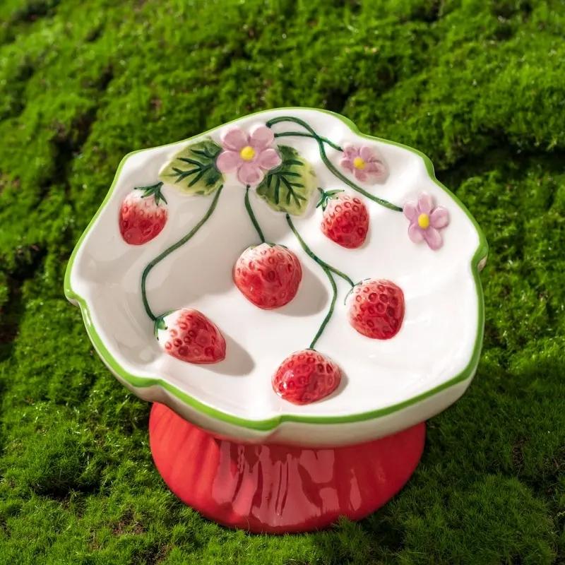 Ceramic Strawberry Slow Feed Bowl, High Feet Design, Anti-Gag and Anti-Spill, Neck Support for Cats and Kittens, Pet Feeding Solution