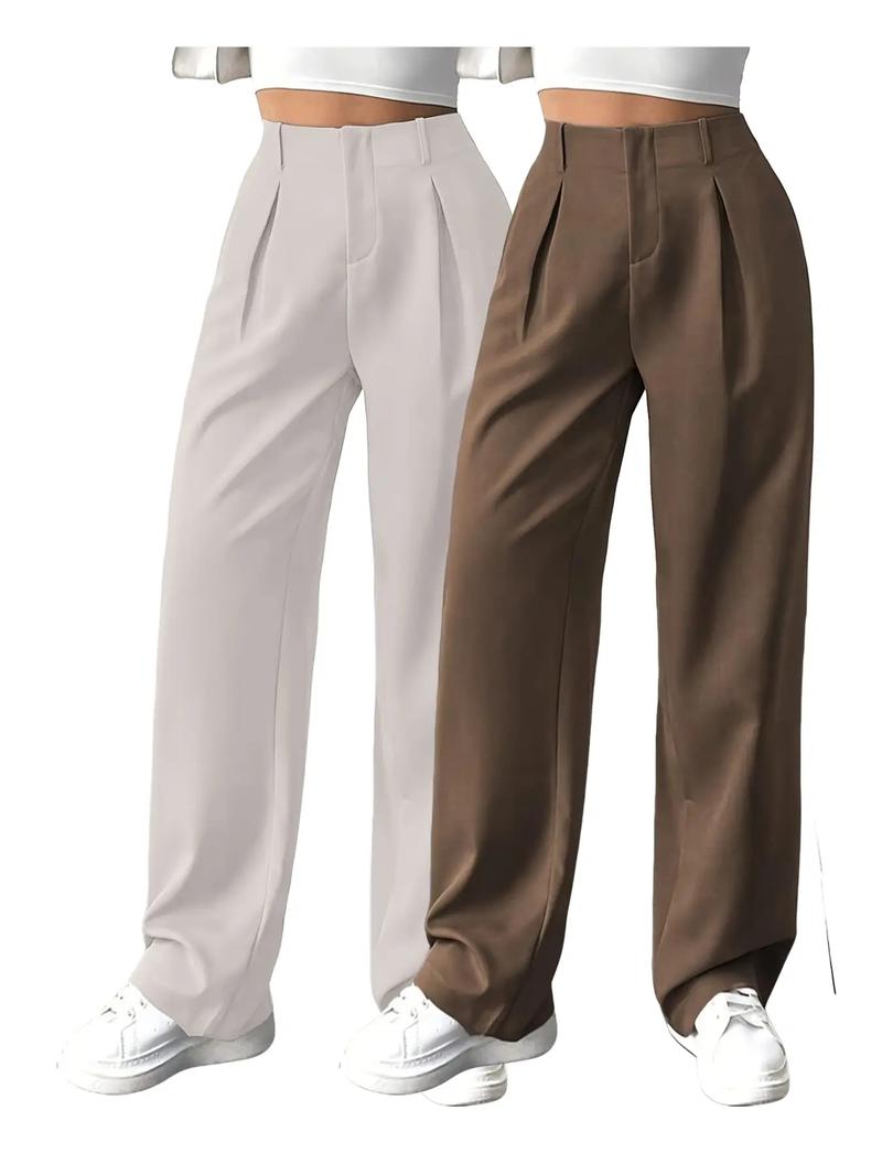 Women's Solid Color Plicated Pocket Wide Leg Pants, Elegant Zipper Fly Trousers for Work Office Business, Ladies Spring & Fall Clothes