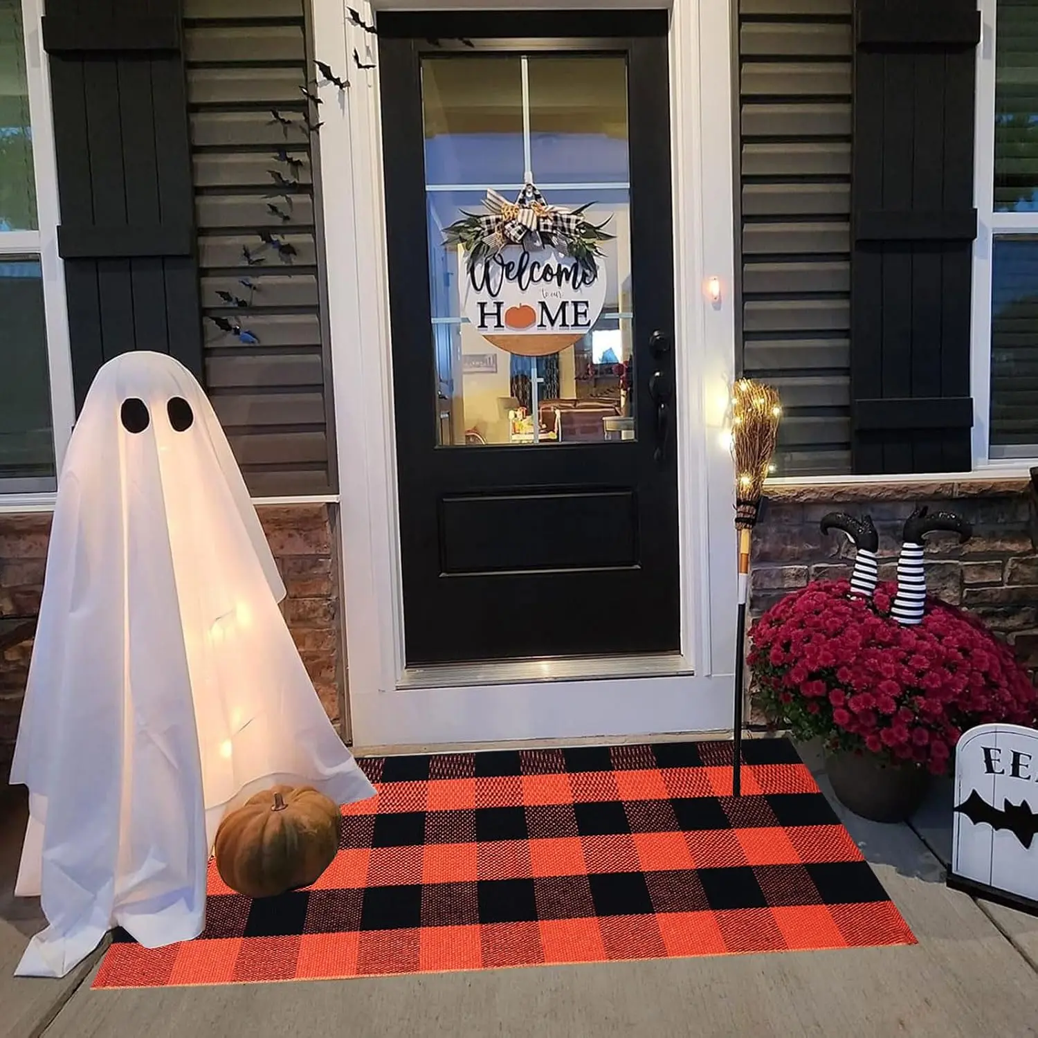Fall Outdoor Rgu Halloween Orange Door Mat Buffalo  Outdoor Rug Buffalo Check Rug Layered Doormats for Front Door/Front Porch//Entryway/Patio