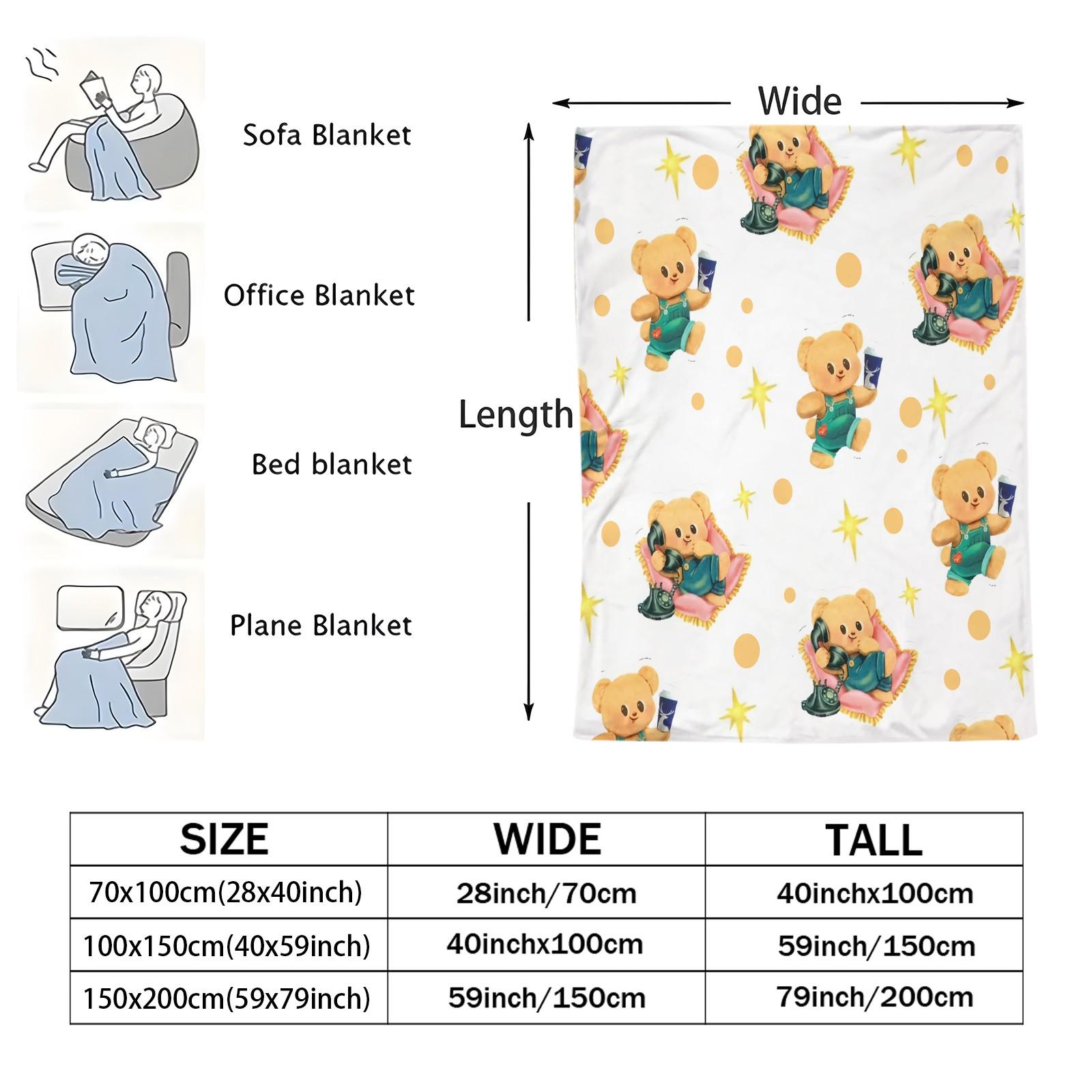 Cute Cartoon Bear Print Throw Blanket, Japanese Style Soft Teddy Bear Pattern, Skin-Friendly Soft Flannel Lightweight Cozy Blanket for Kids Bedroom, Nursery, Couch, Bed and Dorm, Lovely Aesthetic Home Decor, Ideal Birthday and Holiday Gift for Bear Lovers