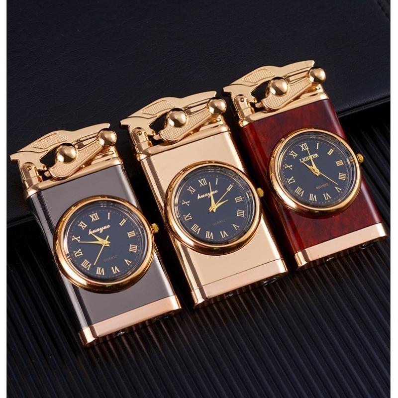 Windproof Lighter with Vintage Analog Clock Face, Black Ice Retro Design, Adjustable Blue Flame Butane Lighter (Butane Not Included), Refillable Windproof Torch Lighter for Camping Hiking Gifts for Men