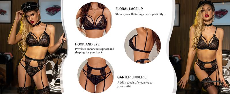 Avidlove Women's Lace Lingerie Set with Adjustable Spaghetti Straps & High Waisted Garter Belt - Elegant Sheer Lace Cups & Satin Bow Accents